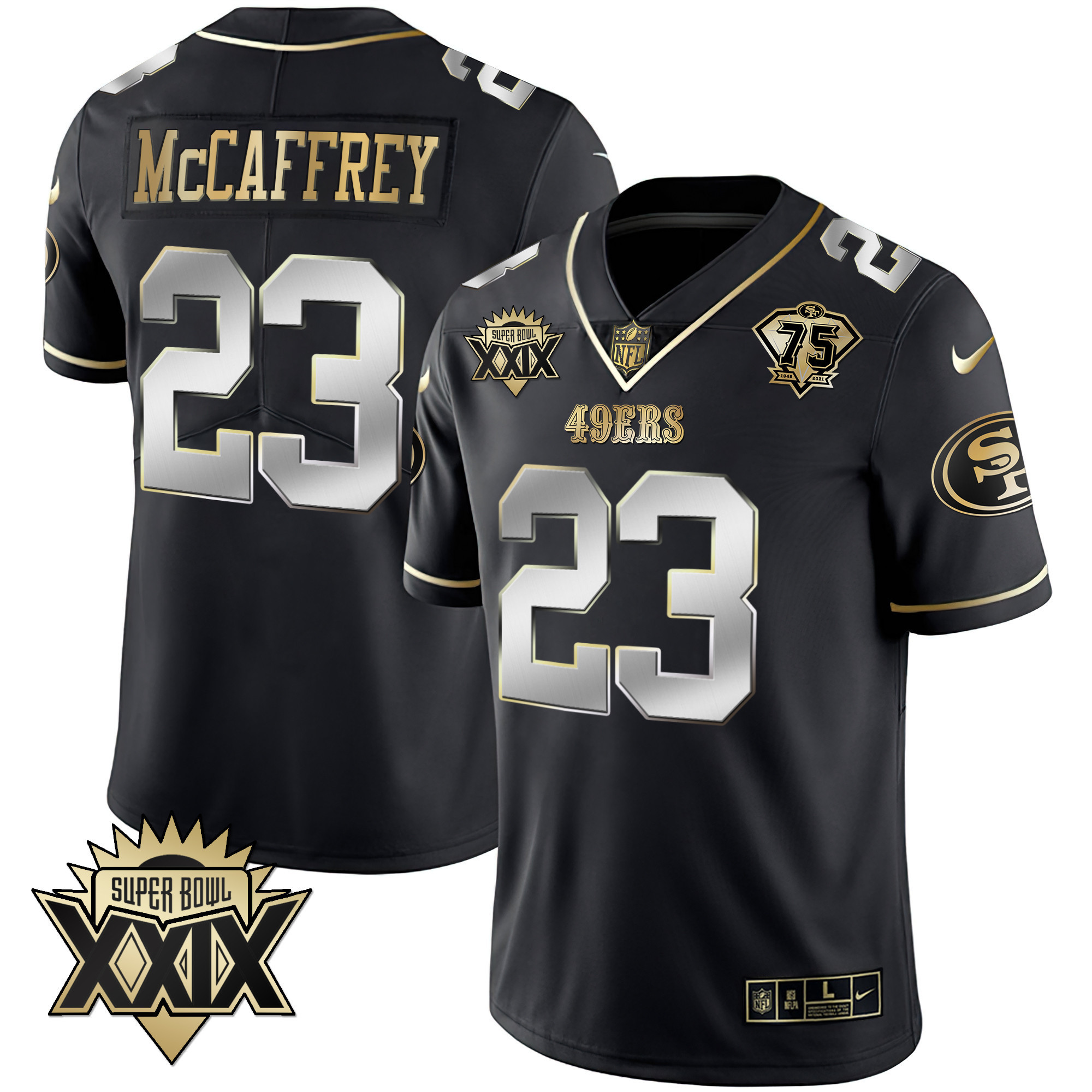 Men's Christian McCaffrey San Francisco 49ers Super Bowl XXIX Patch Black Red Gold Black Limited Jersey - All Stitched