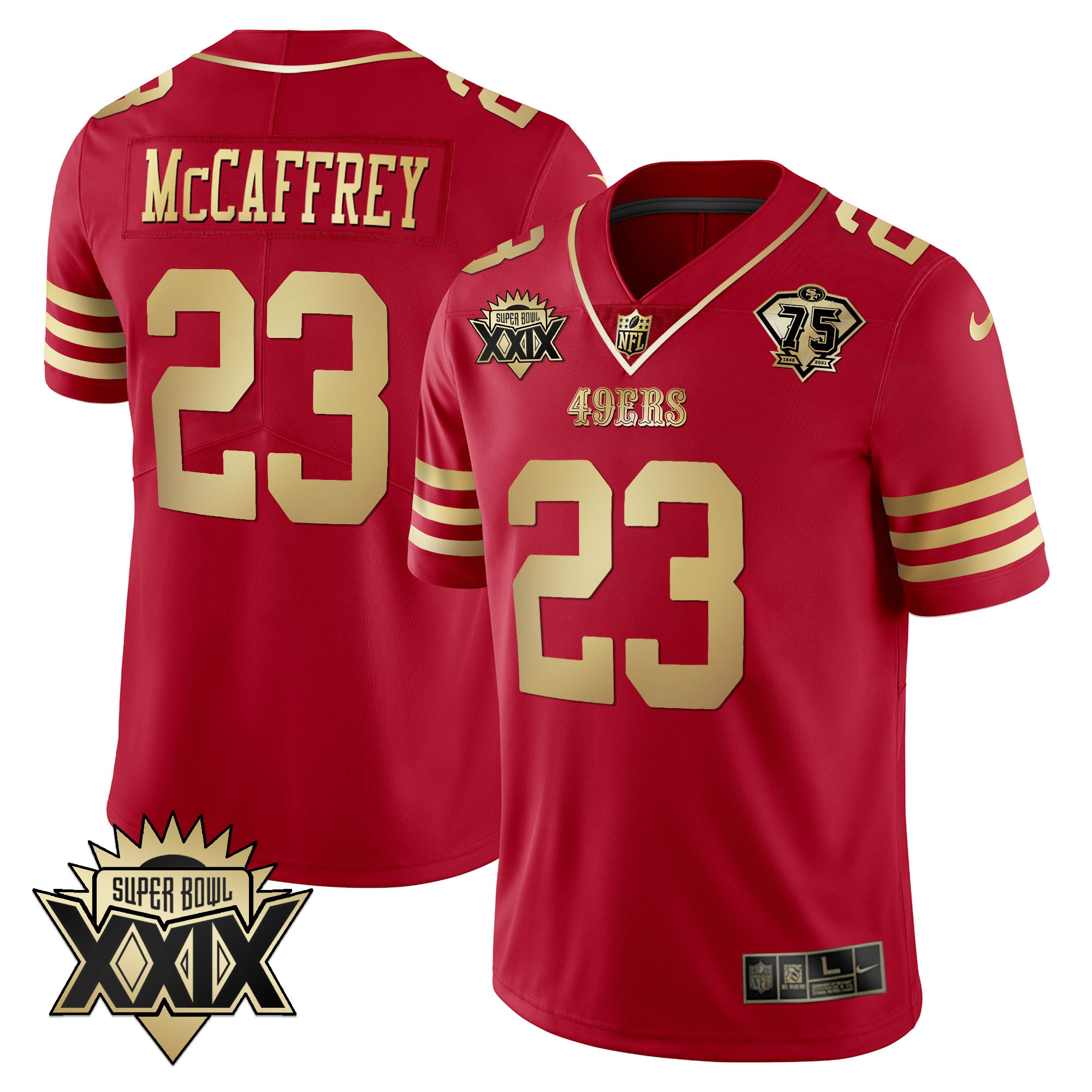 Men's Christian McCaffrey San Francisco 49ers Super Bowl XXIX Patch Black Red Gold Red Gold Jersey - All Stitched