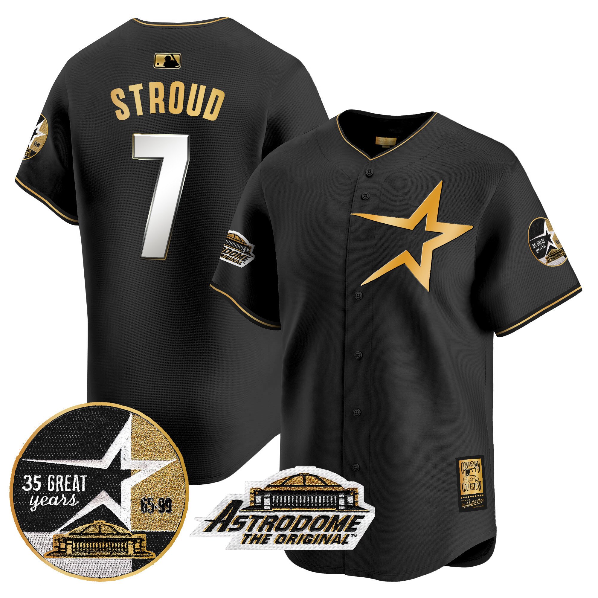 Men's CJ Stroud Houston Astros 1999 Throwback 35th & Astrodome Patch Vapor Premier Limited Black Gold Jersey - All Stitched
