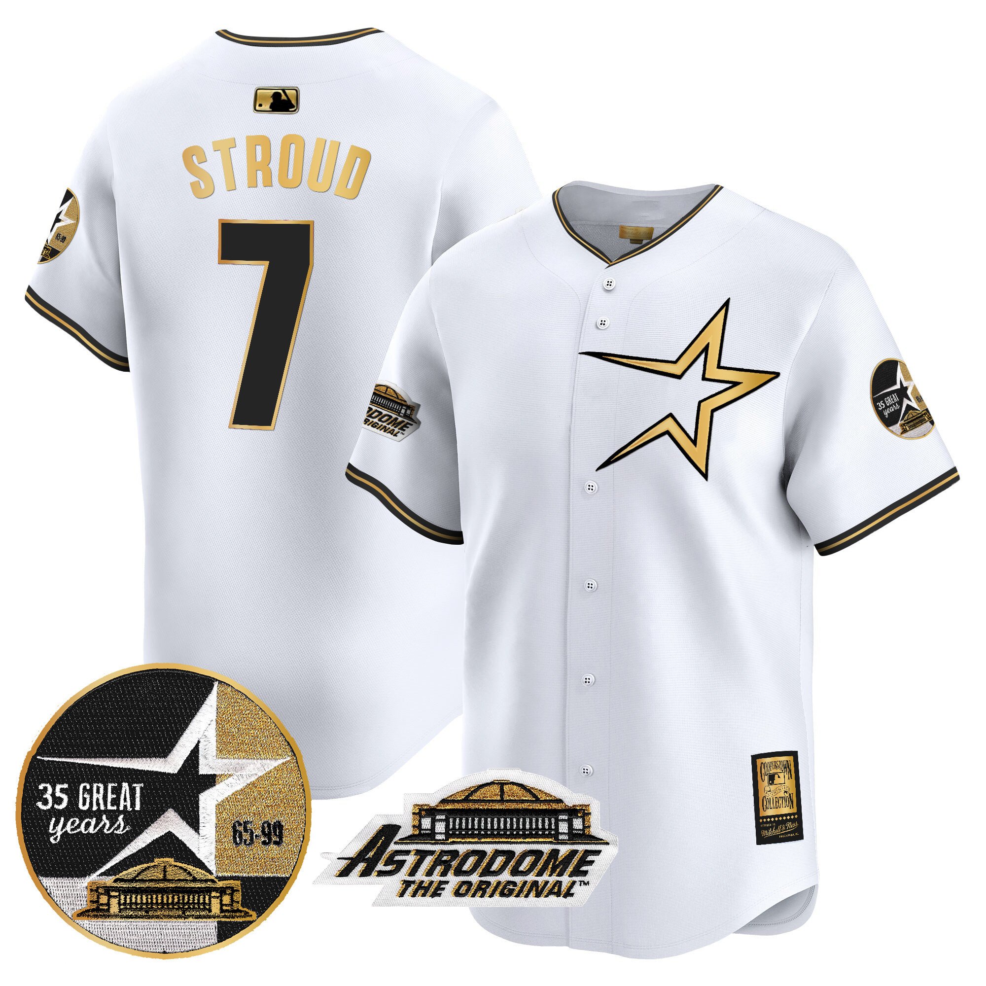 Men's CJ Stroud Houston Astros 1999 Throwback 35th & Astrodome Patch Vapor Premier Limited White Gold Jersey - All Stitched