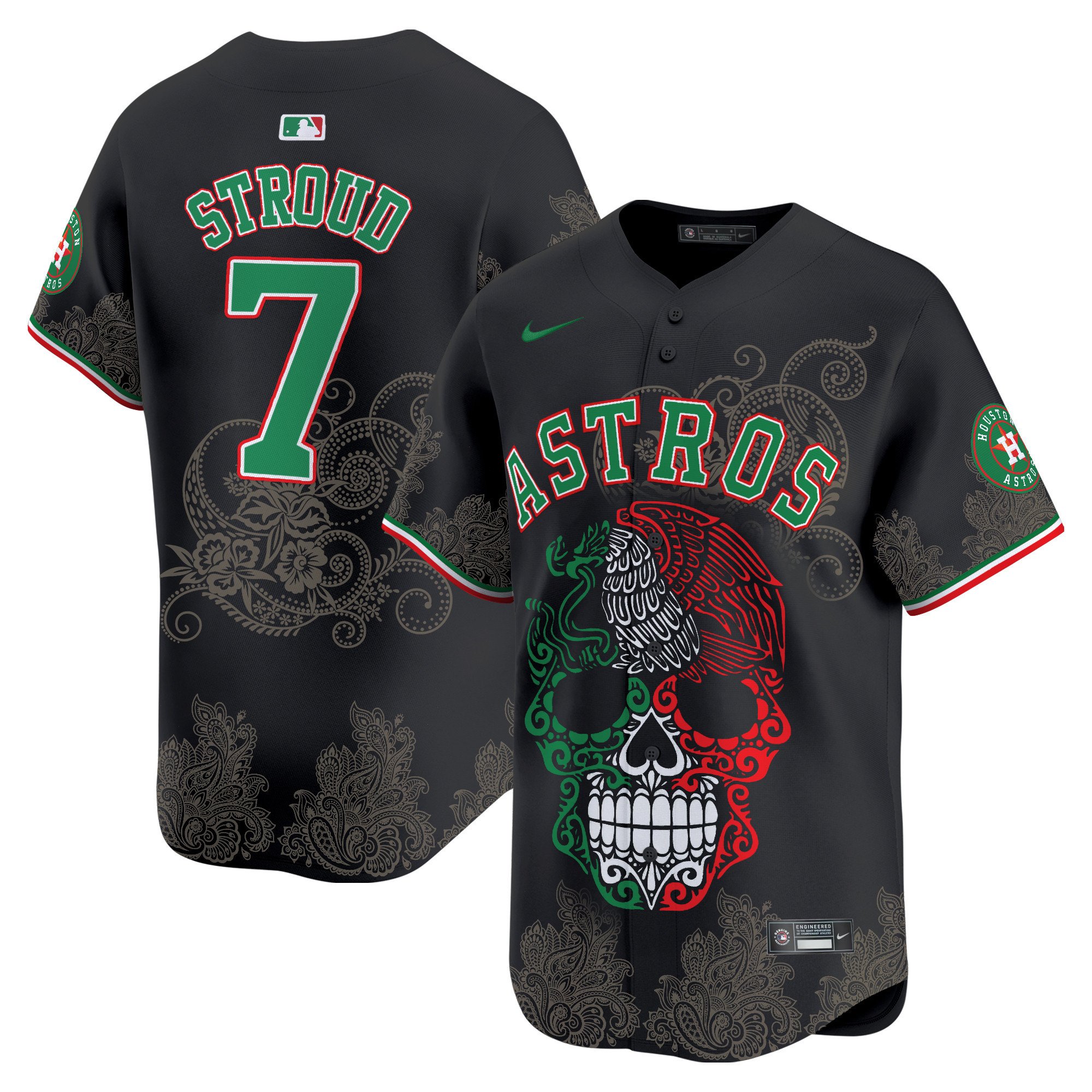 Men's CJ Stroud Houston Astros Aztec Warrior Skull Vapor Limited Black Jersey - Printed