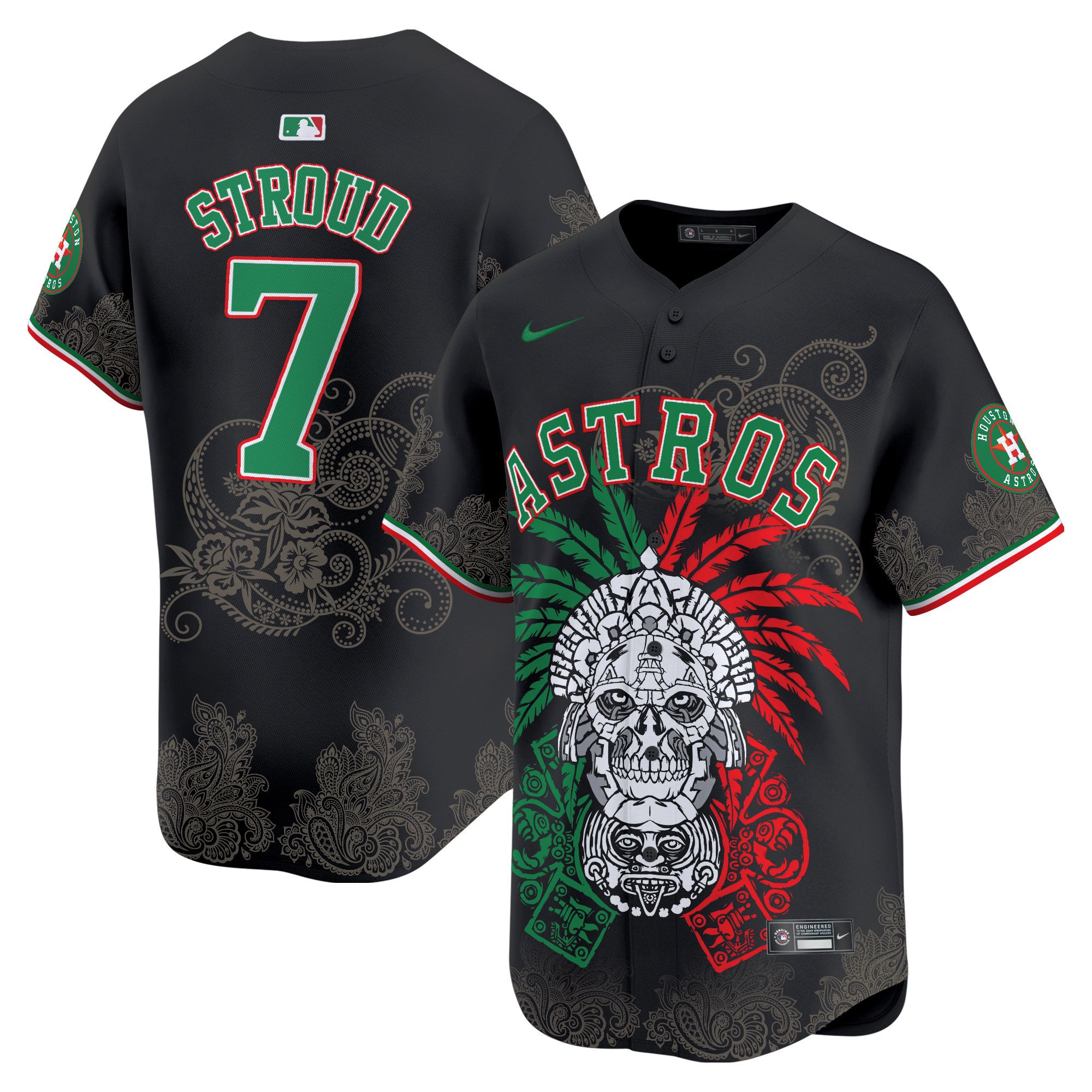 Men's CJ Stroud Houston Astros Aztec Warrior Skull Vapor Premier Limited Black Jersey V2 - Printed