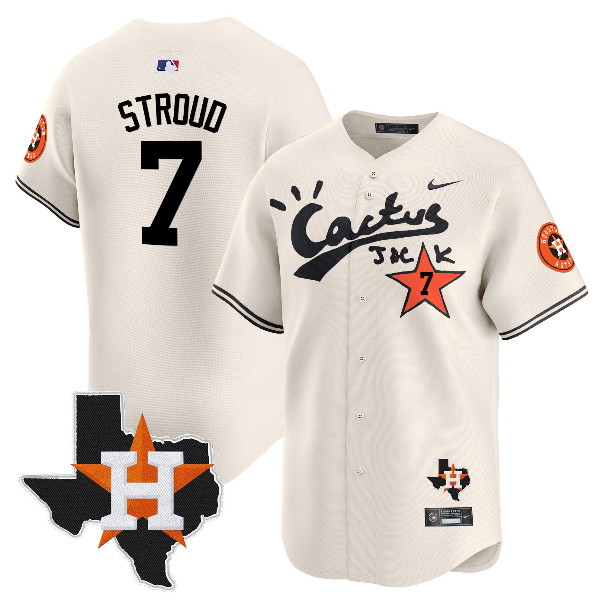 Men's CJ Stroud Houston Astros Cactus Jack Patch Vapor Premier Limited Cream Jersey V11 - Stitched