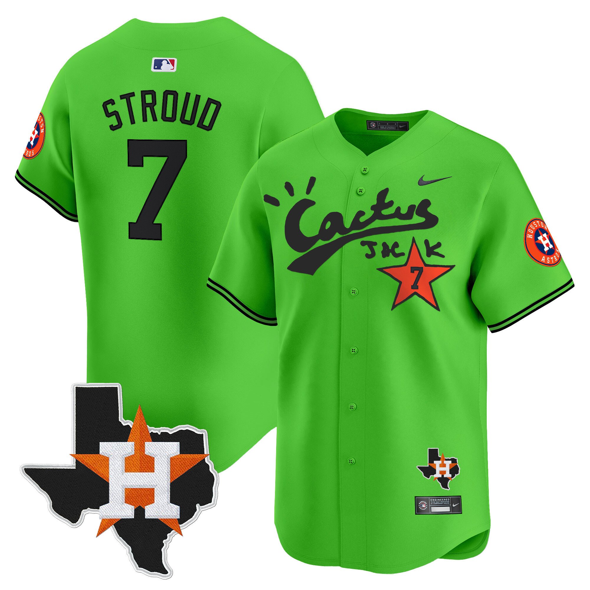 Men's CJ Stroud Houston Astros Cactus Jack Patch Vapor Premier Limited Green Jersey V11 - Stitched