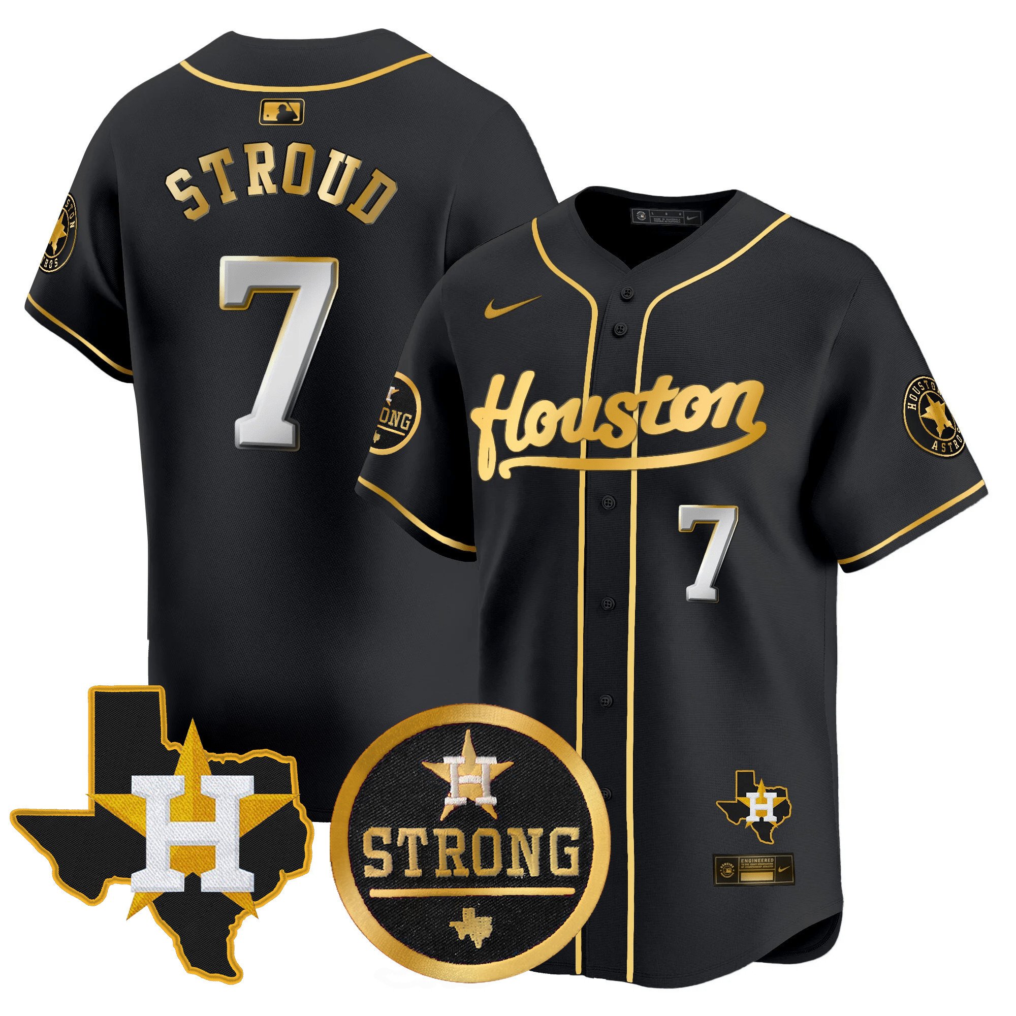 Men's CJ Stroud Houston Astros "Houston Strong" Patch Vapor Premier Limited Black Gold Jersey - All Stitched