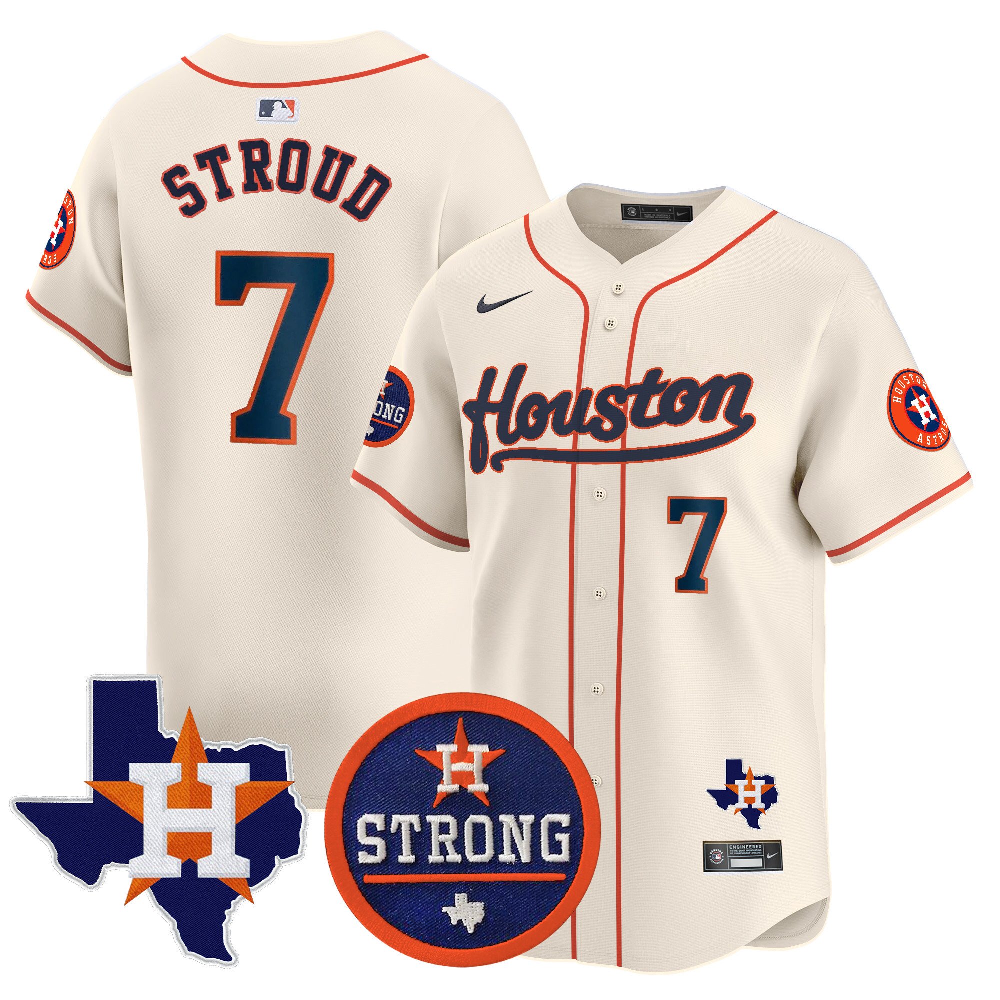 Men's CJ Stroud Houston Astros "Houston Strong" Patch Vapor Premier Limited Cream Jersey - All Stitched