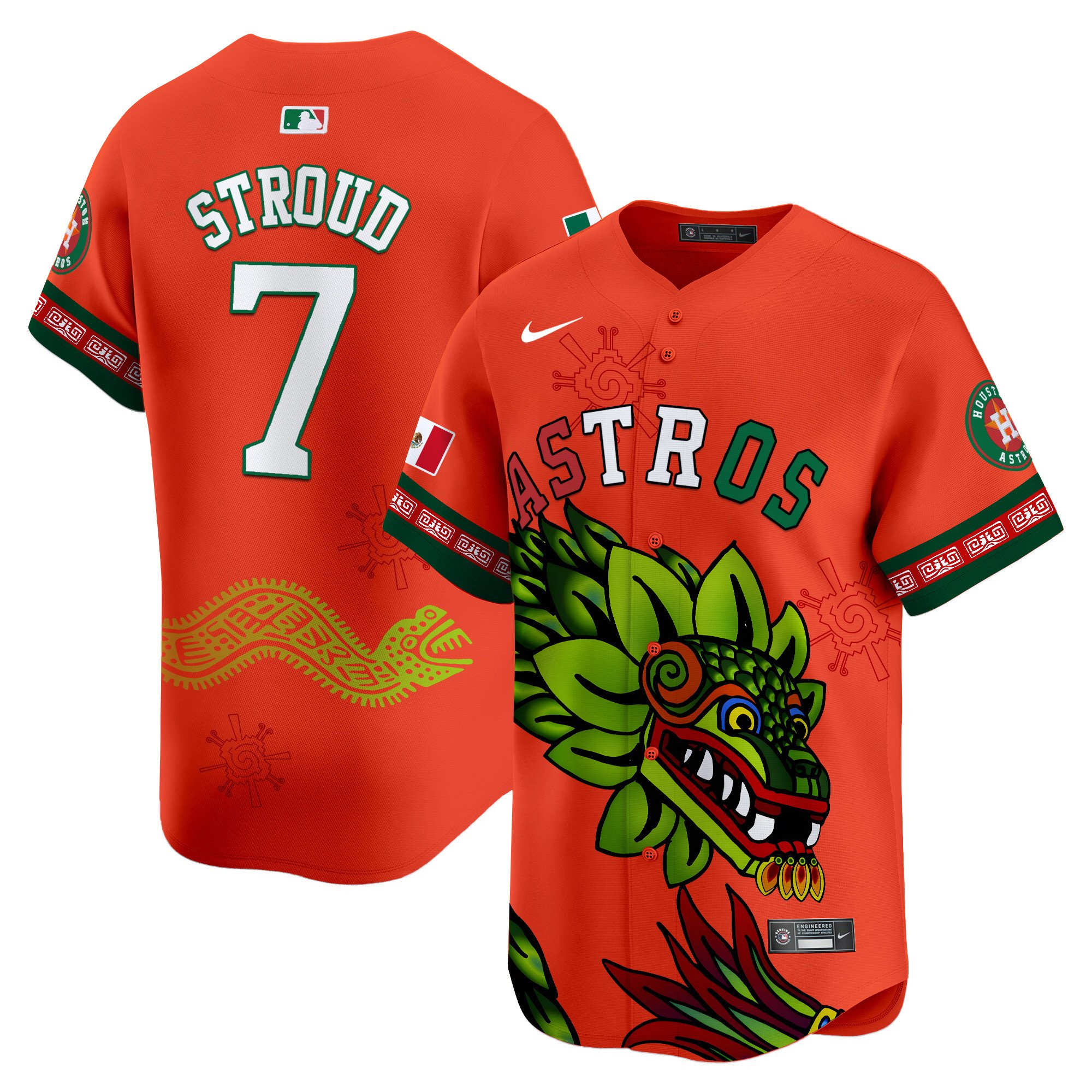 Men's CJ Stroud Houston Astros Mexico Quetzalcoatl Aztec Vapor Limited Orange Jersey - Printed