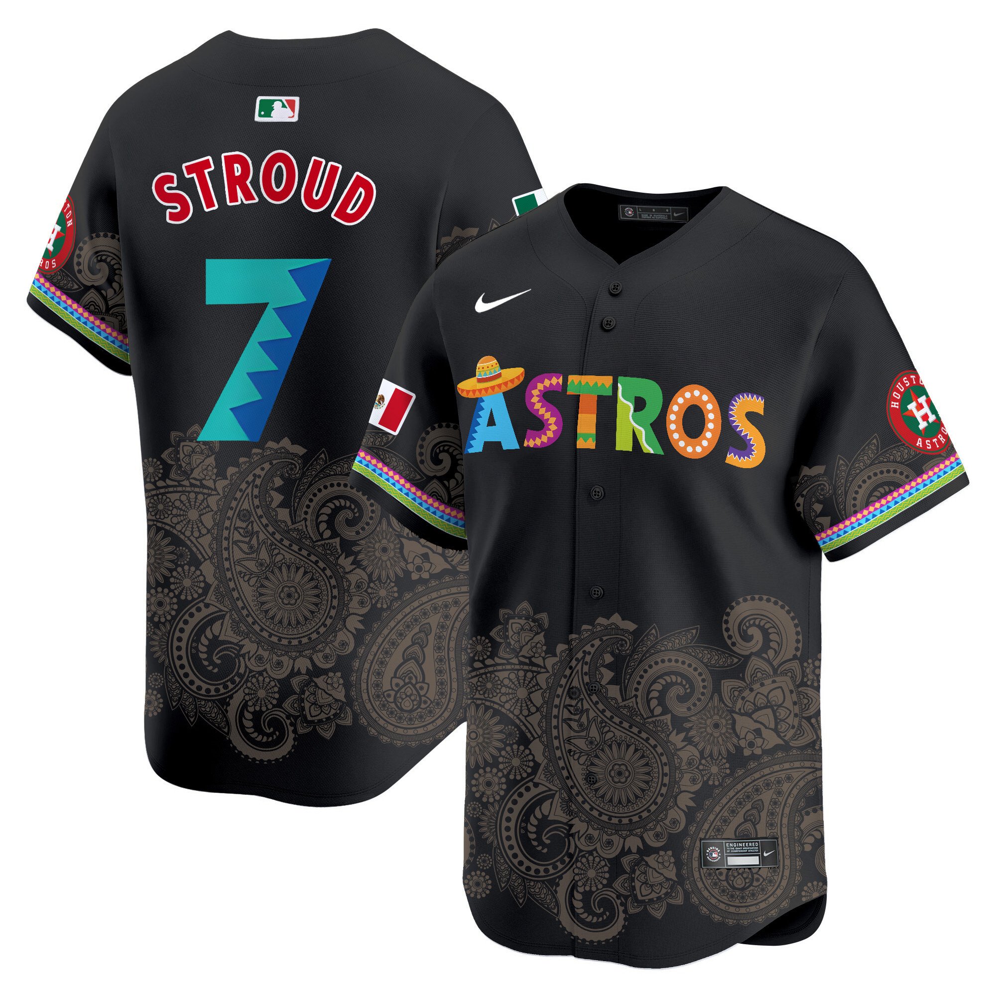 Men's CJ Stroud Houston Astros Paisley Mexico Vapor Premier Limited Black Jersey V5- Printed