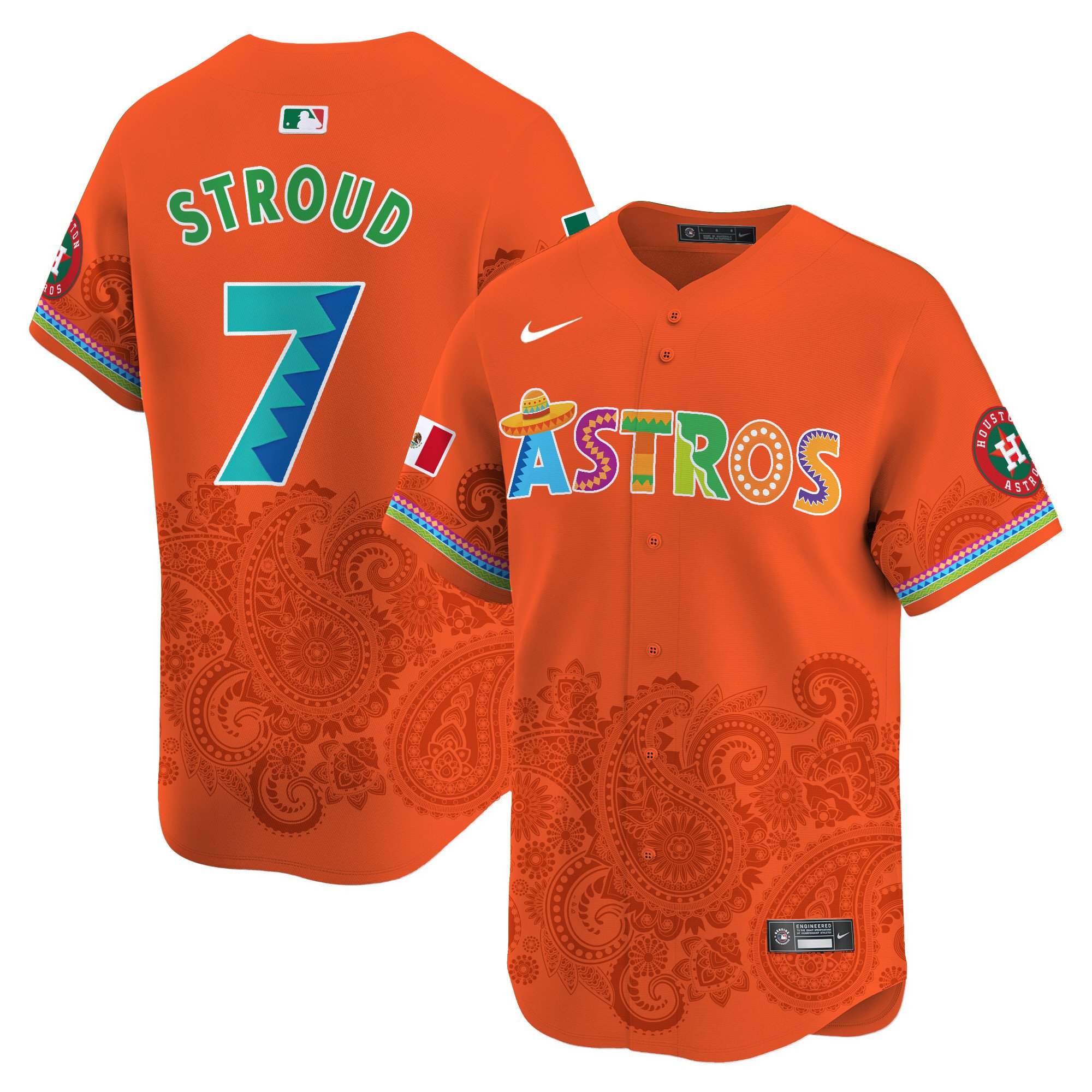 Men's CJ Stroud Houston Astros Paisley Mexico Vapor Premier Limited Orange Jersey V5- Printed