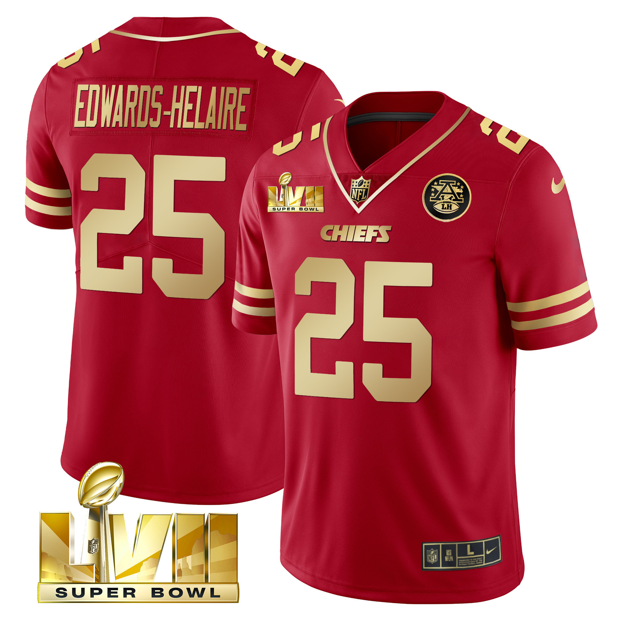 Men's Clyde Edwards-Helaire Kansas City Chiefs Super Bowl LVII Gold Trim Vapor Red Gold Jersey - All Stitched