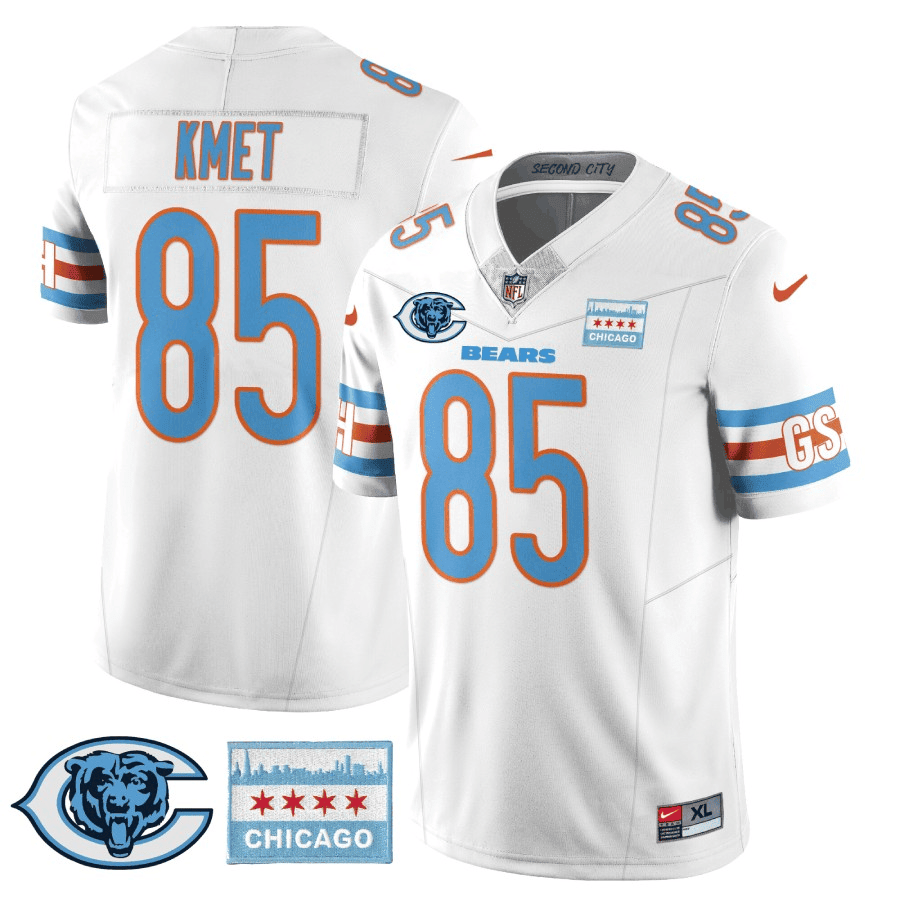 Men's Cole Kmet Chicago Bears City Edition GSH White Jersey - Chicago Flag - All Stitched