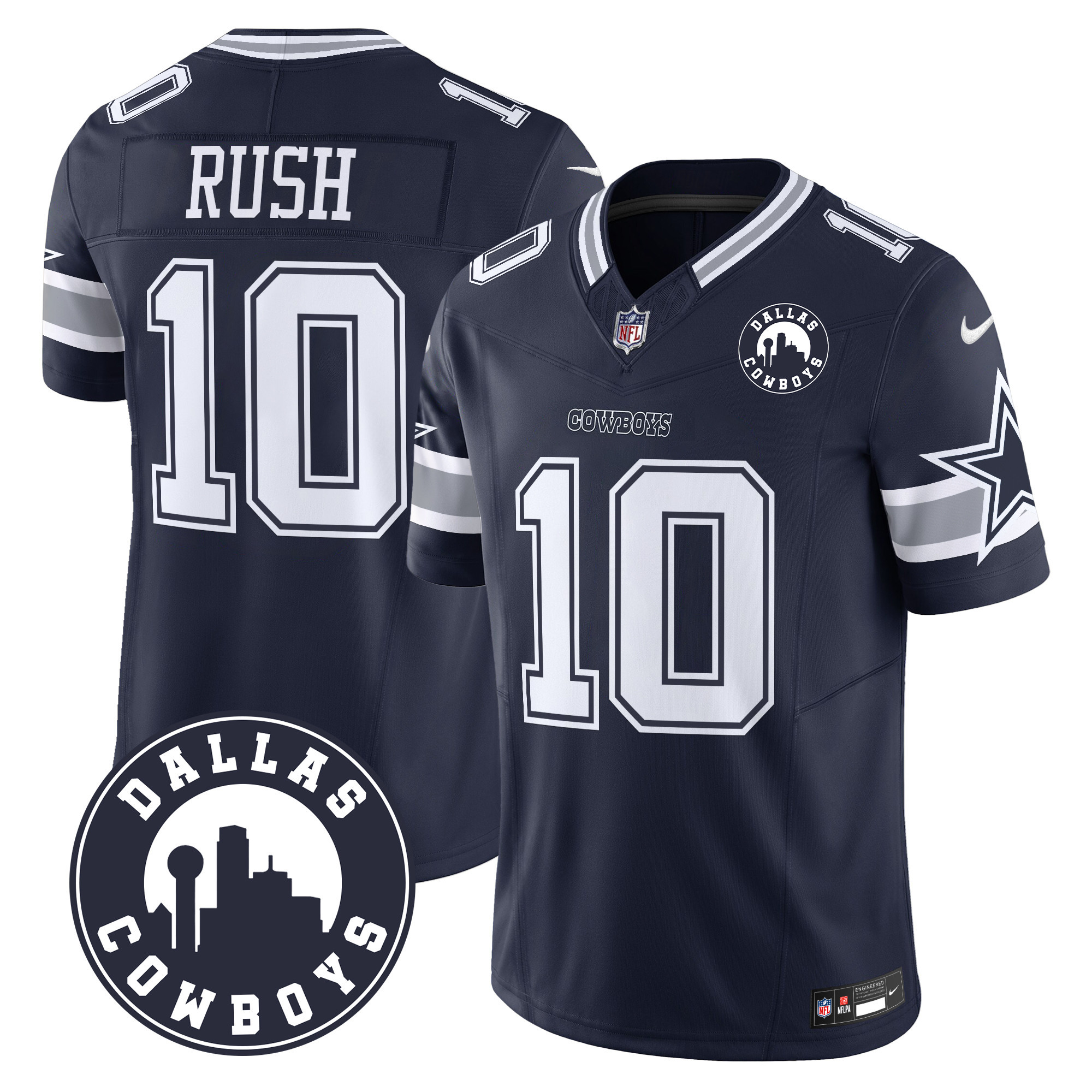 Men's Cooper Rush Dallas Cowboys "Dallas City" Patch Vapor Limited Navy Jersey - All Stitched