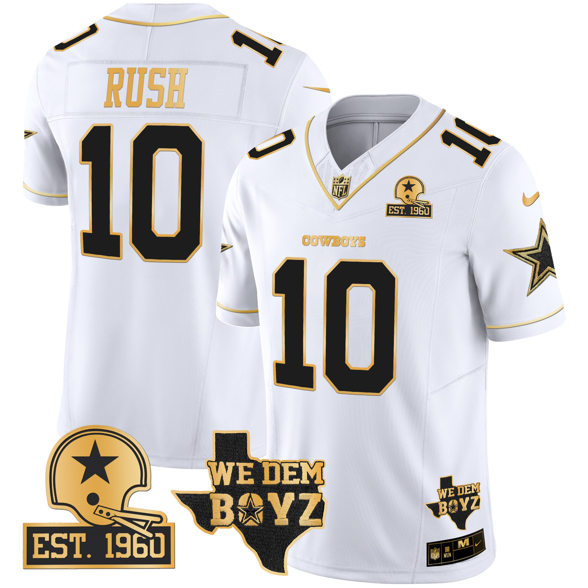 Men's Cooper Rush Dallas Cowboys Est. 1960 & We Dem Boyz Patch Gold Vapor Limited White Gold Jersey V2 - All Stitched
