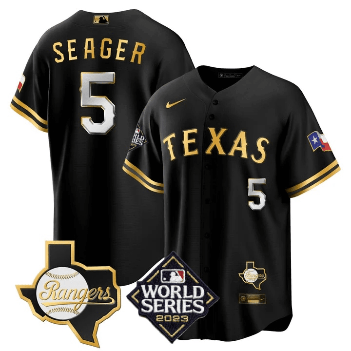 Men's Corey Seager Texas Rangers 2023 World Series & Texas State Patch Cool Base Gold Black Gold Jersey V2 Ã± All Stitched