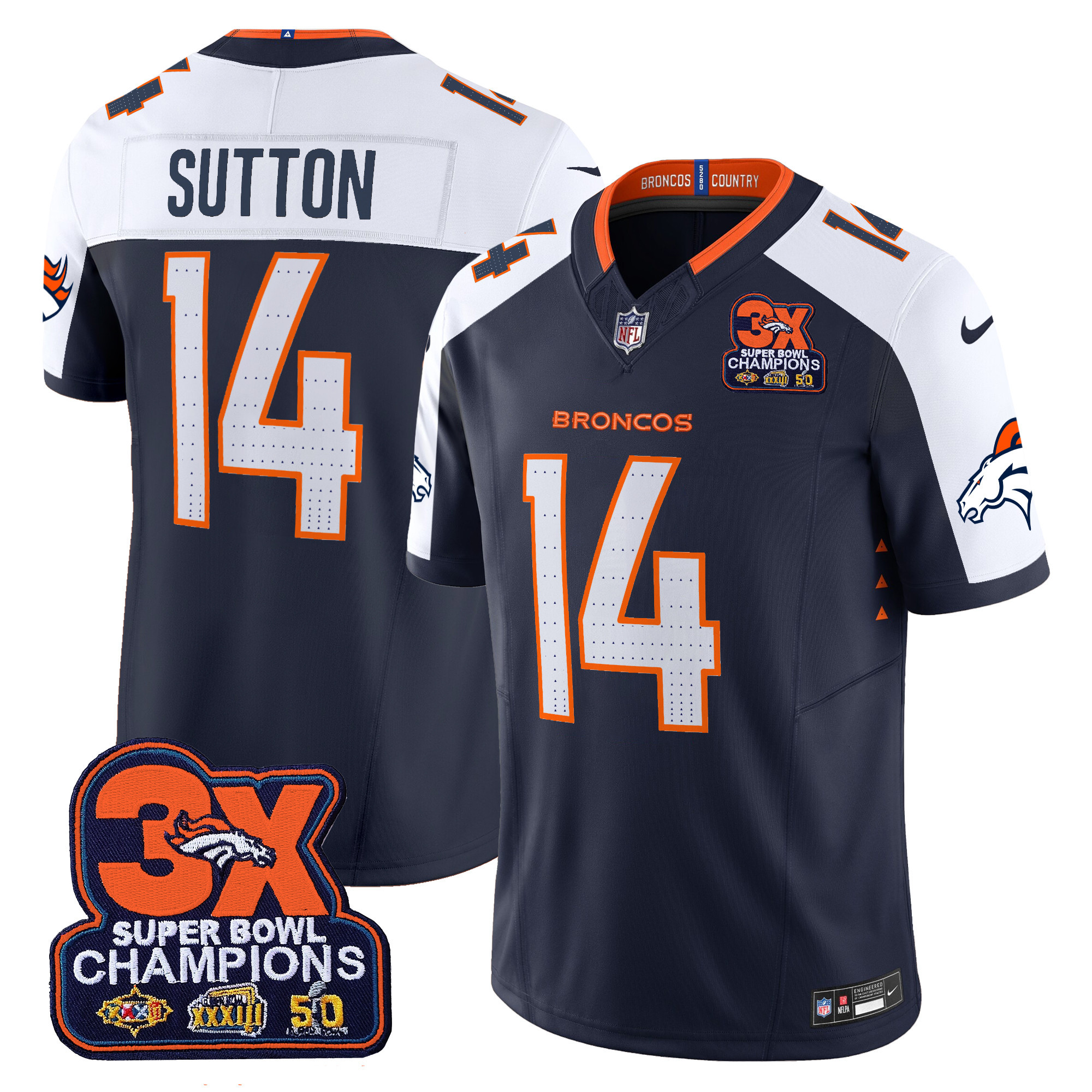 Men's Courtland Sutton Denver Broncos 3-Time Champions Patch Vapor Limited Navy Alternate Jersey - All Stitched