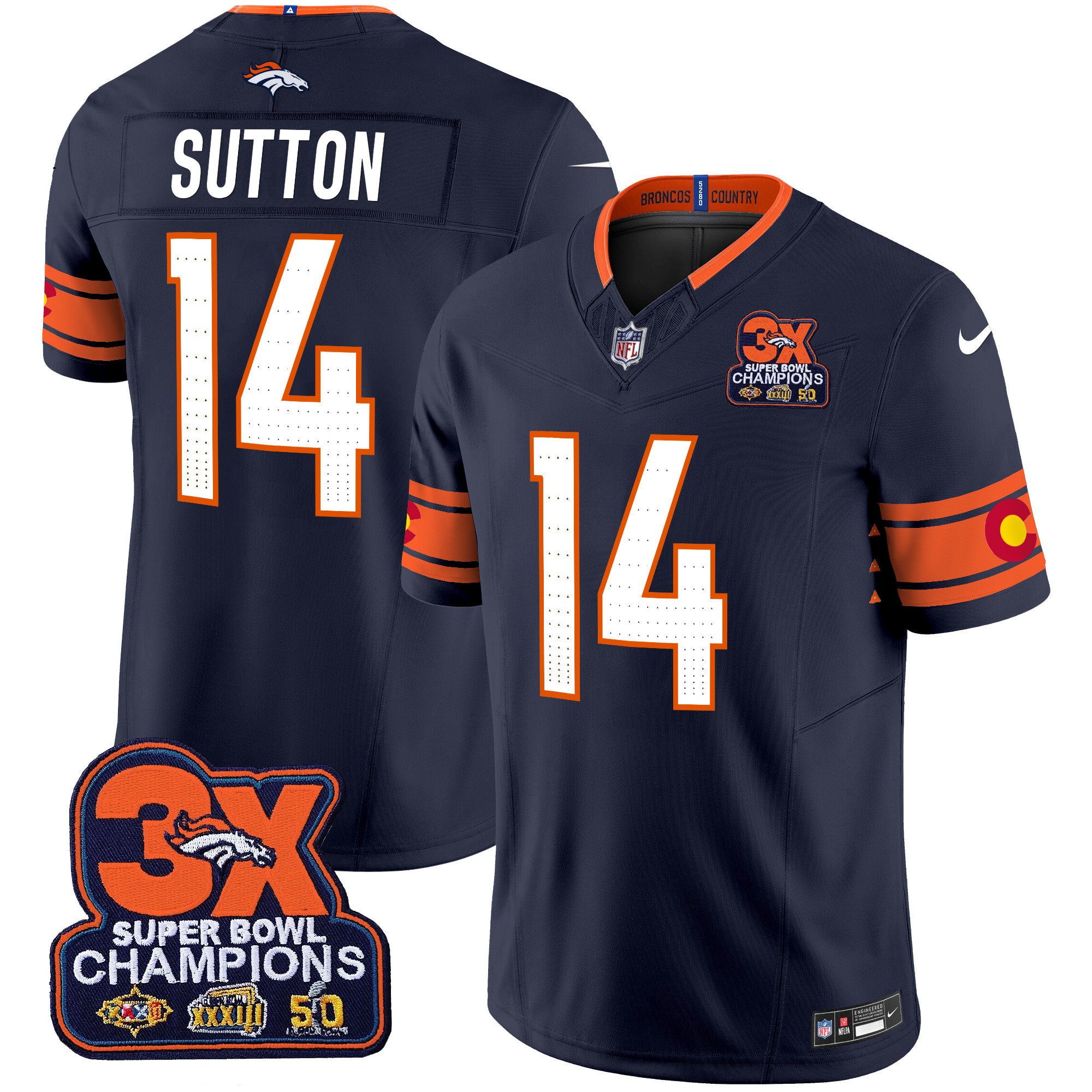 Men's Courtland Sutton Denver Broncos 3x Patch "Colorado Flag" Vapor Limited Navy Jersey - All Stitched