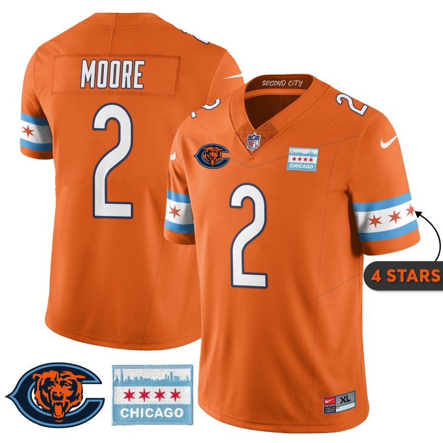 Men's D J Moore Chicago Bears City Edition Orange Jersey - Chicago Flag - All Stitched