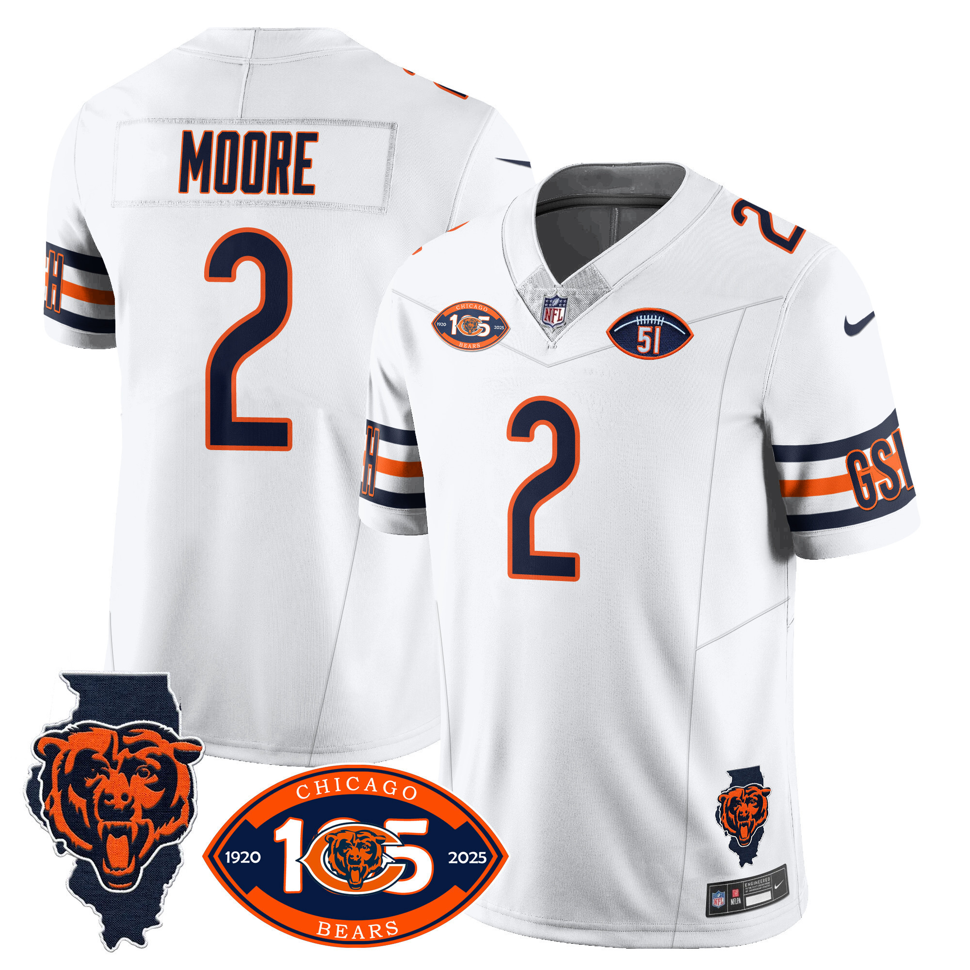 Men's D.J. Moore Chicago Bears 1920-2025 The Chicago Bears Vapor Limited White Jersey - All Stitched