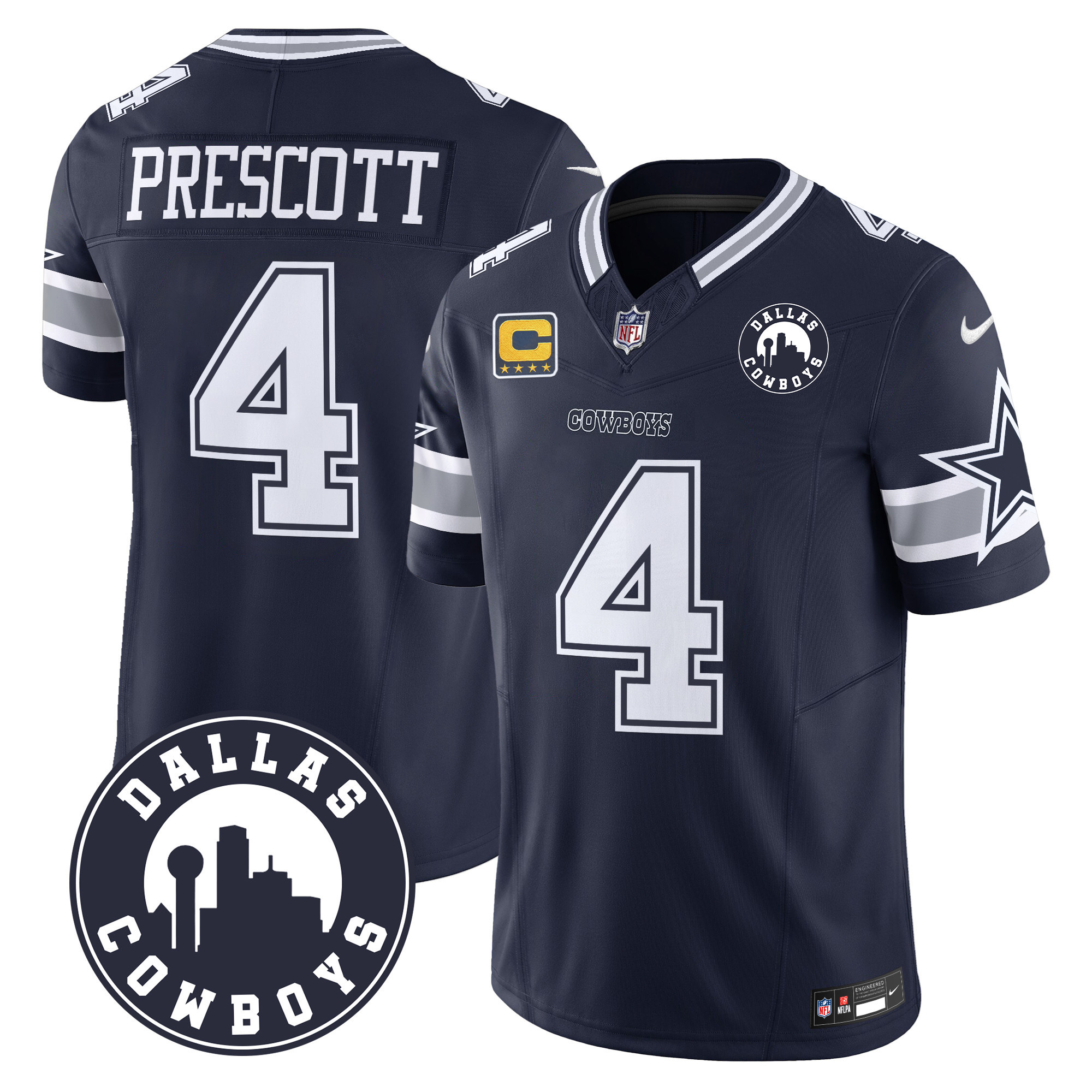 Men's Dak Prescott Dallas Cowboys "Dallas City" Patch Vapor Limited Navy Jersey - All Stitched