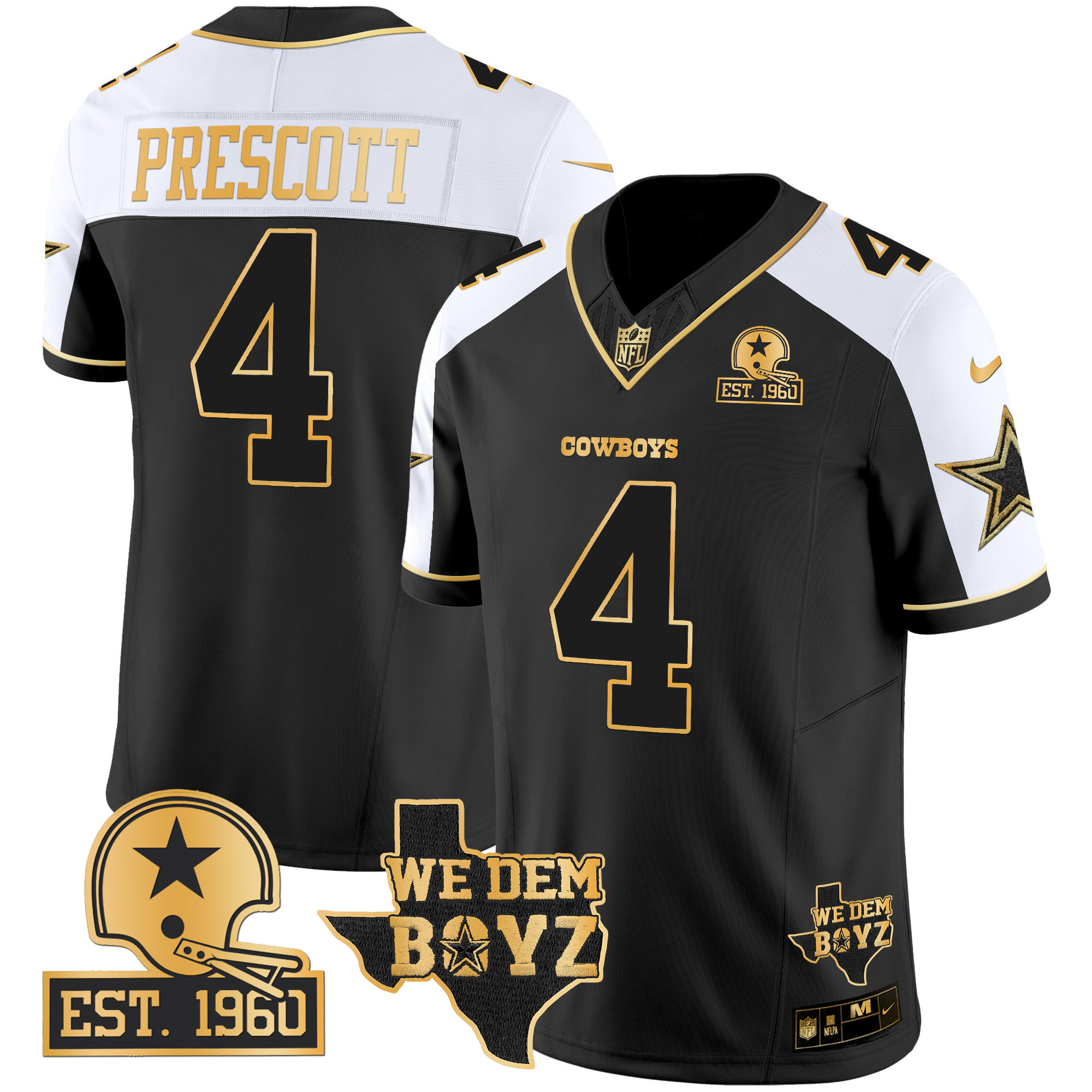 Men's Dak Prescott Dallas Cowboys Est. 1960 & We Dem Boyz Patch Gold Vapor Limited Alternate Jersey V2 - All Stitched