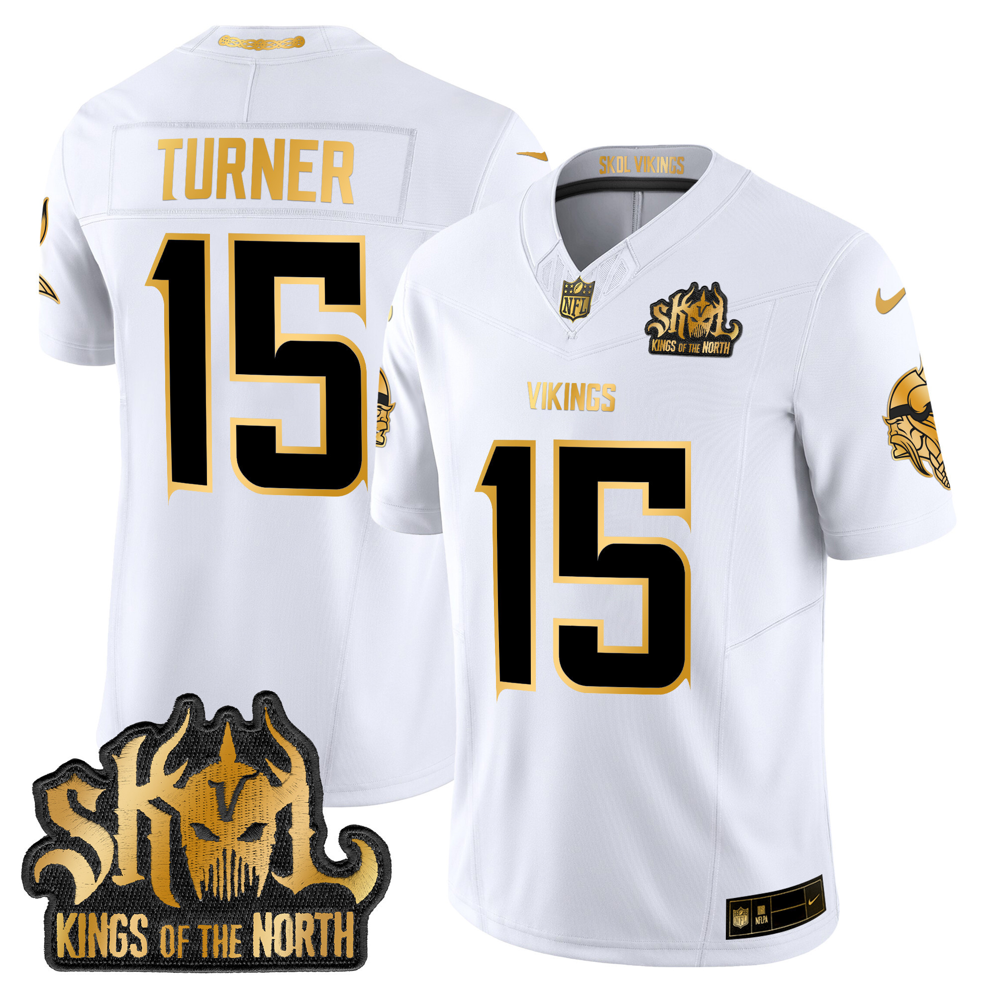 Men's Dallas Turner Minnesota Vikings 2024 Winter Warrior Skol Patch Gold Vapor Limited White Gold Jersey - All Stitched