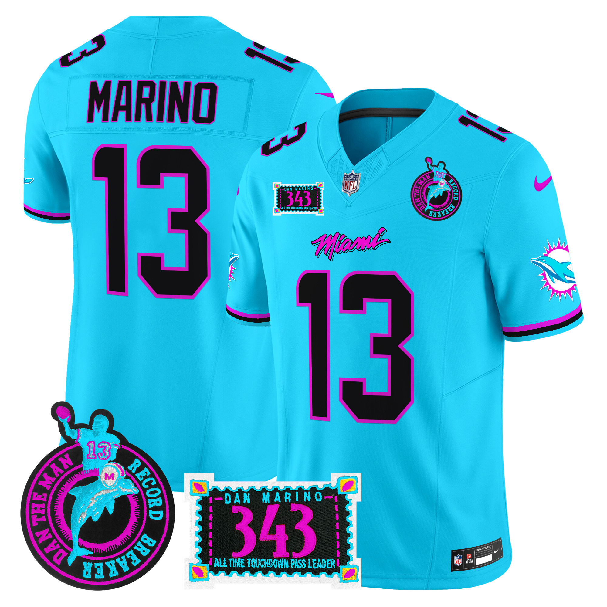 Men's Dan Marino Miami Dolphins "Dan the Man Record Breaker" Patch Vapor Limited Aqua Jersey - All Stitched