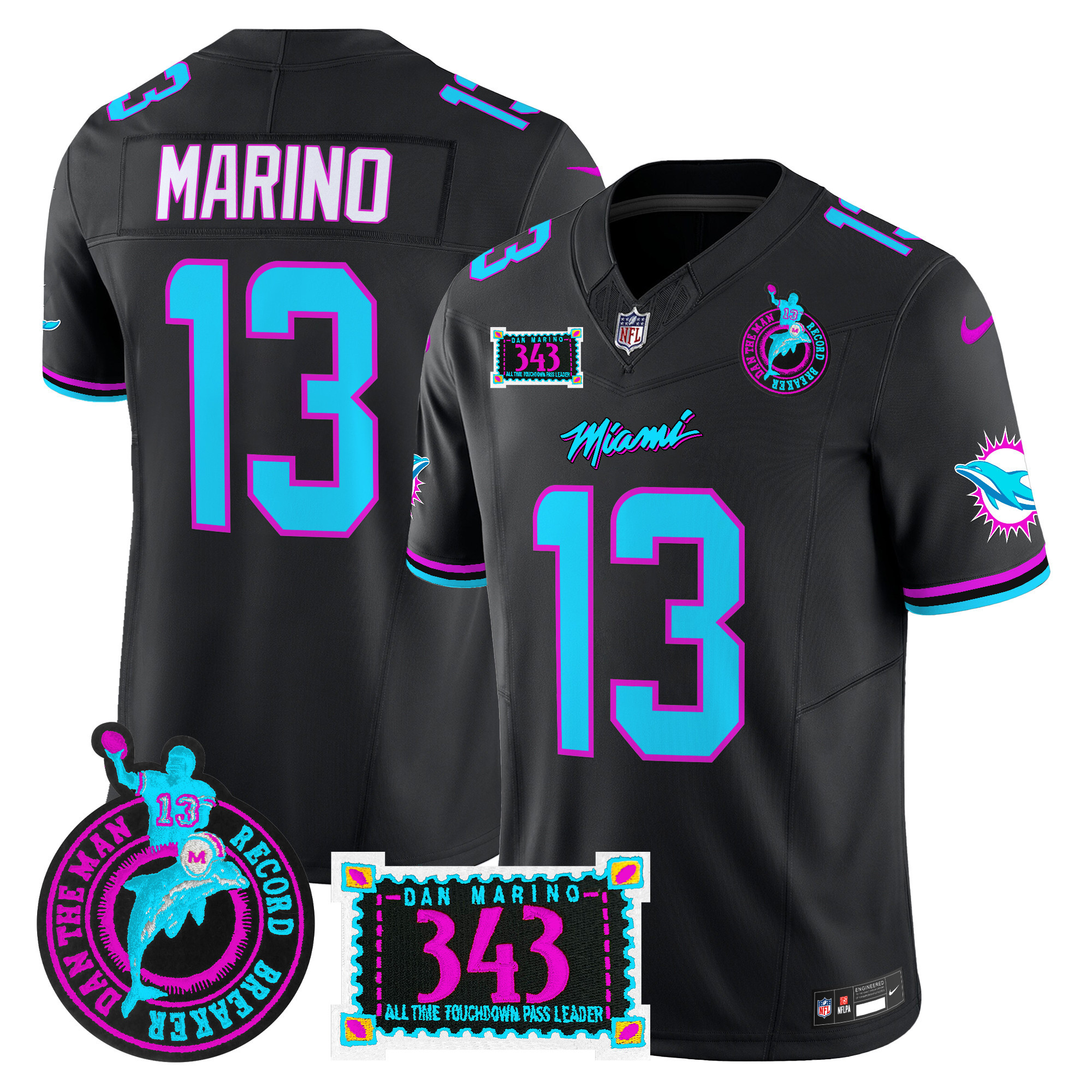 Men's Dan Marino Miami Dolphins "Dan the Man Record Breaker" Patch Vapor Limited Black Jersey - All Stitched