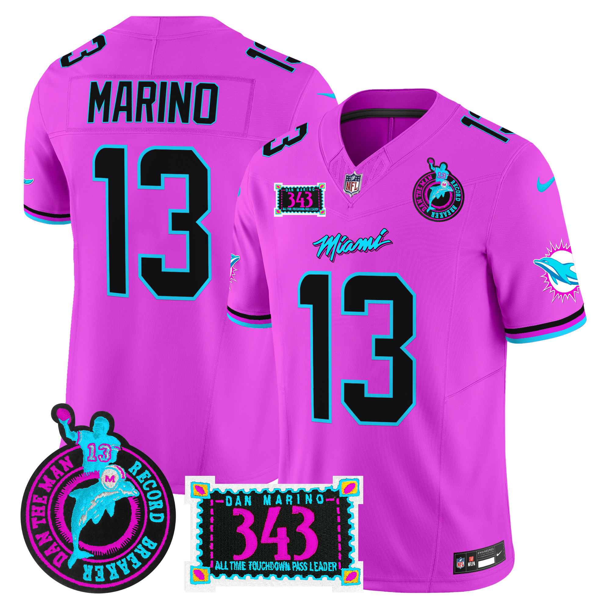 Men's Dan Marino Miami Dolphins "Dan the Man Record Breaker" Patch Vapor Limited Pink Jersey - All Stitched