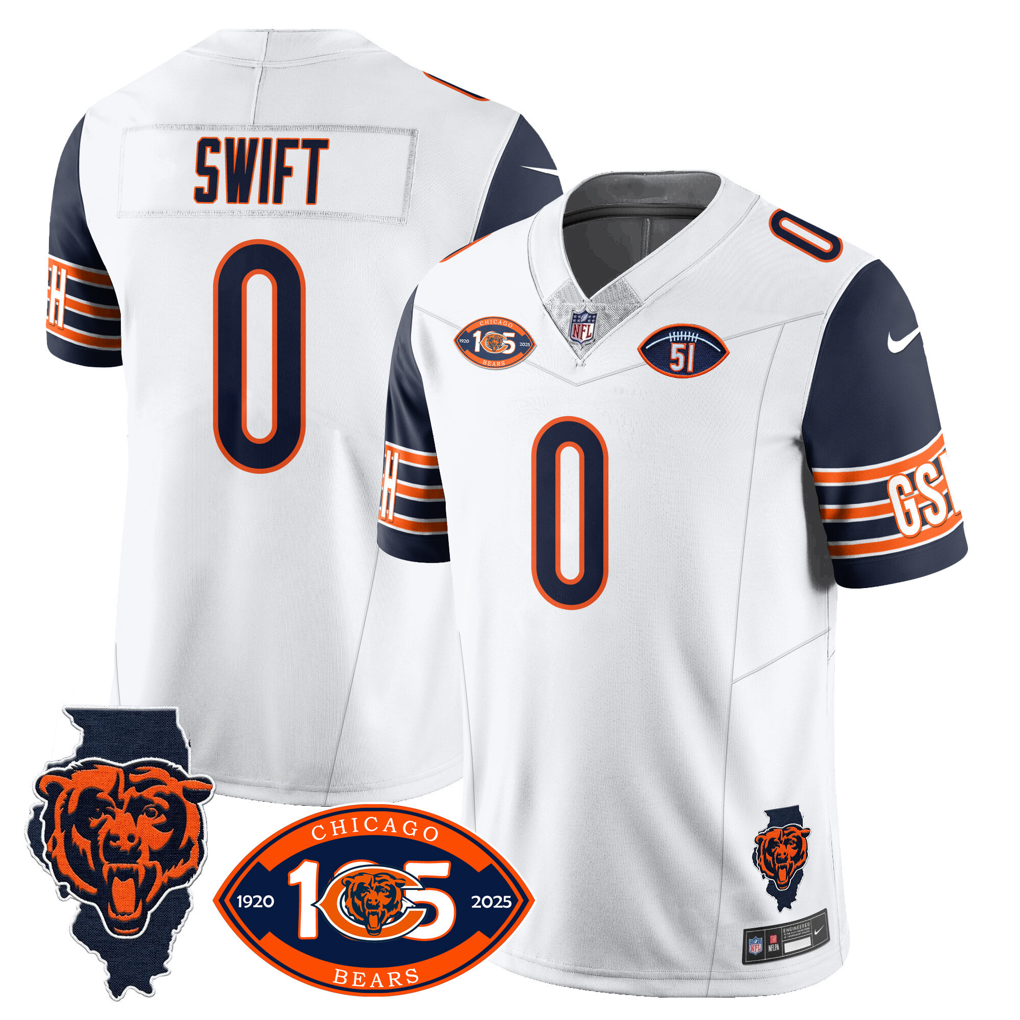 Men's D'Andre Swift Chicago Bears 1920-2025 The Chicago Bears Vapor Limited Navy Sleeves Jersey - All Stitched