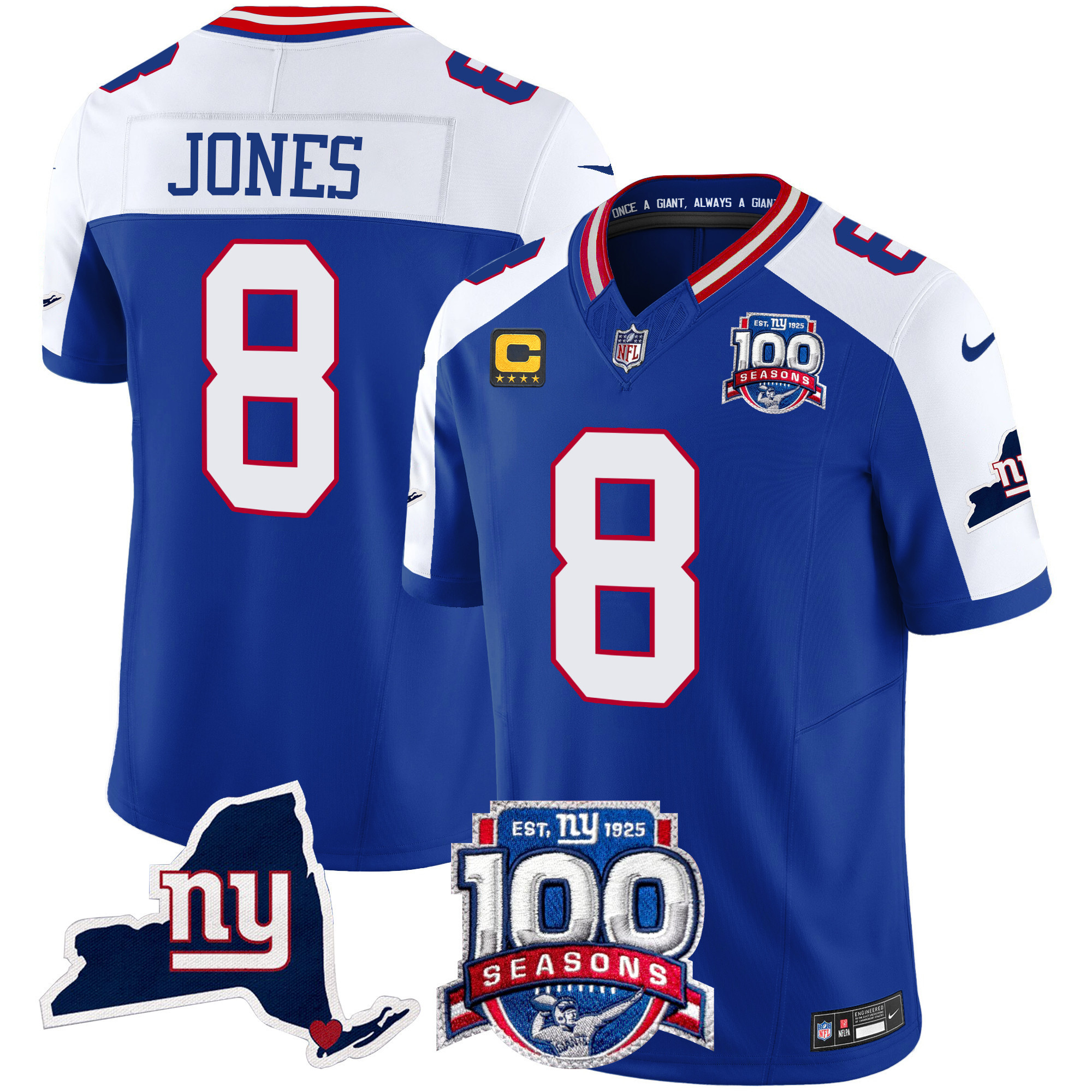 Men's Daniel Jones New York Giants 100th Season & State Patch Vapor Limited Royal Alternate Jersey - All Stitched