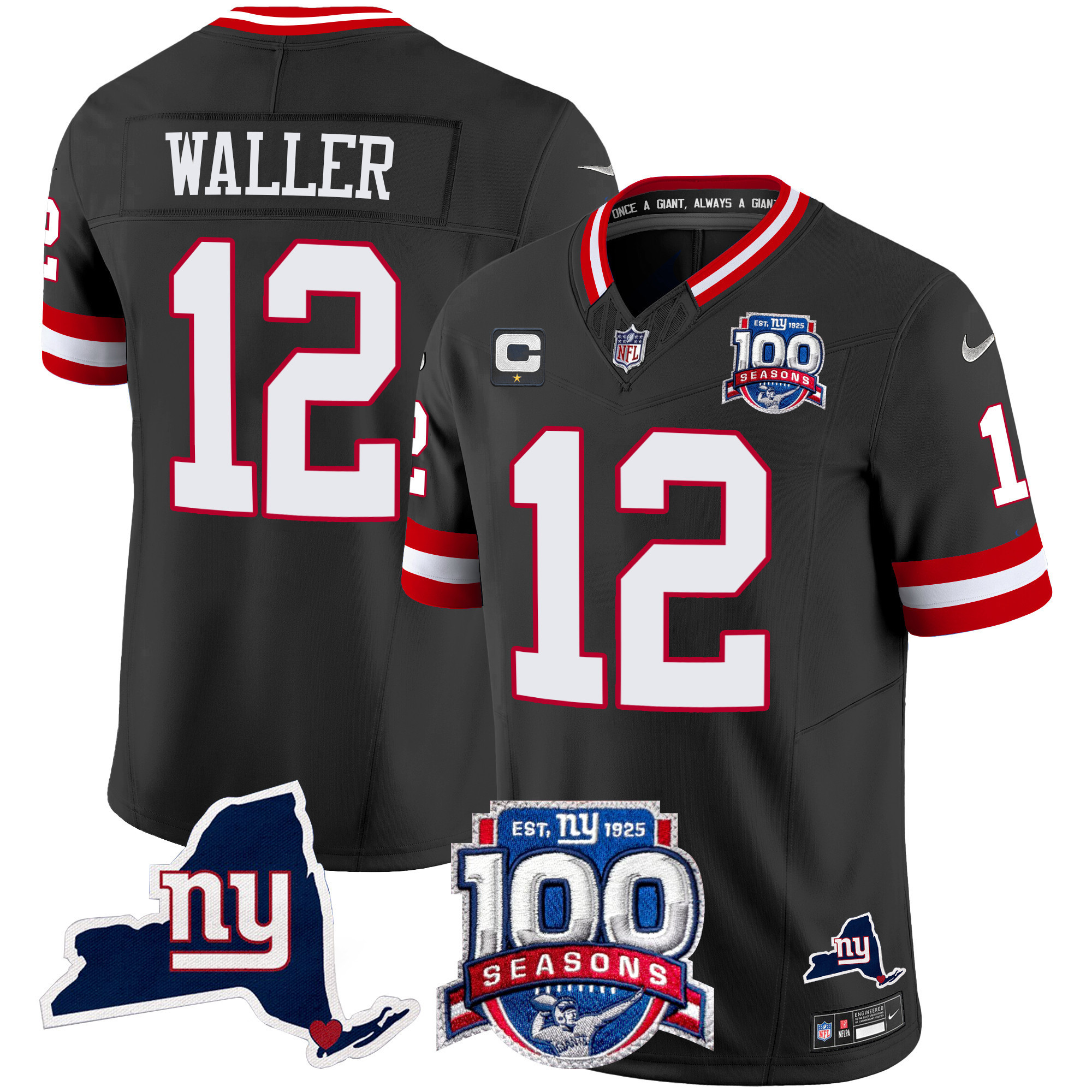 Men's Darren Waller New York Giants 100th Season & State Patch Vapor Limited Black Jersey - All Stitched