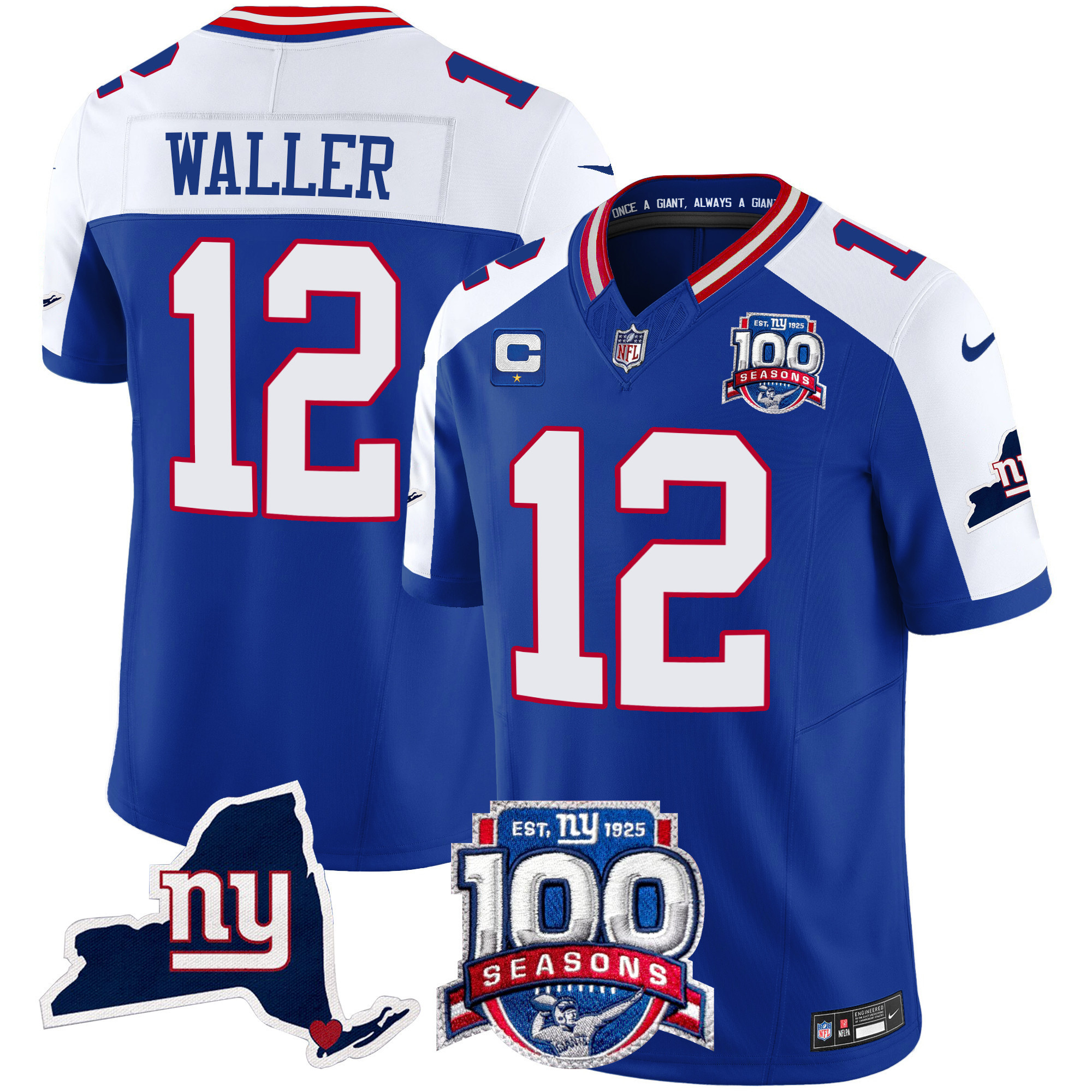 Men's Darren Waller New York Giants 100th Season & State Patch Vapor Limited Royal Alternate Jersey - All Stitched