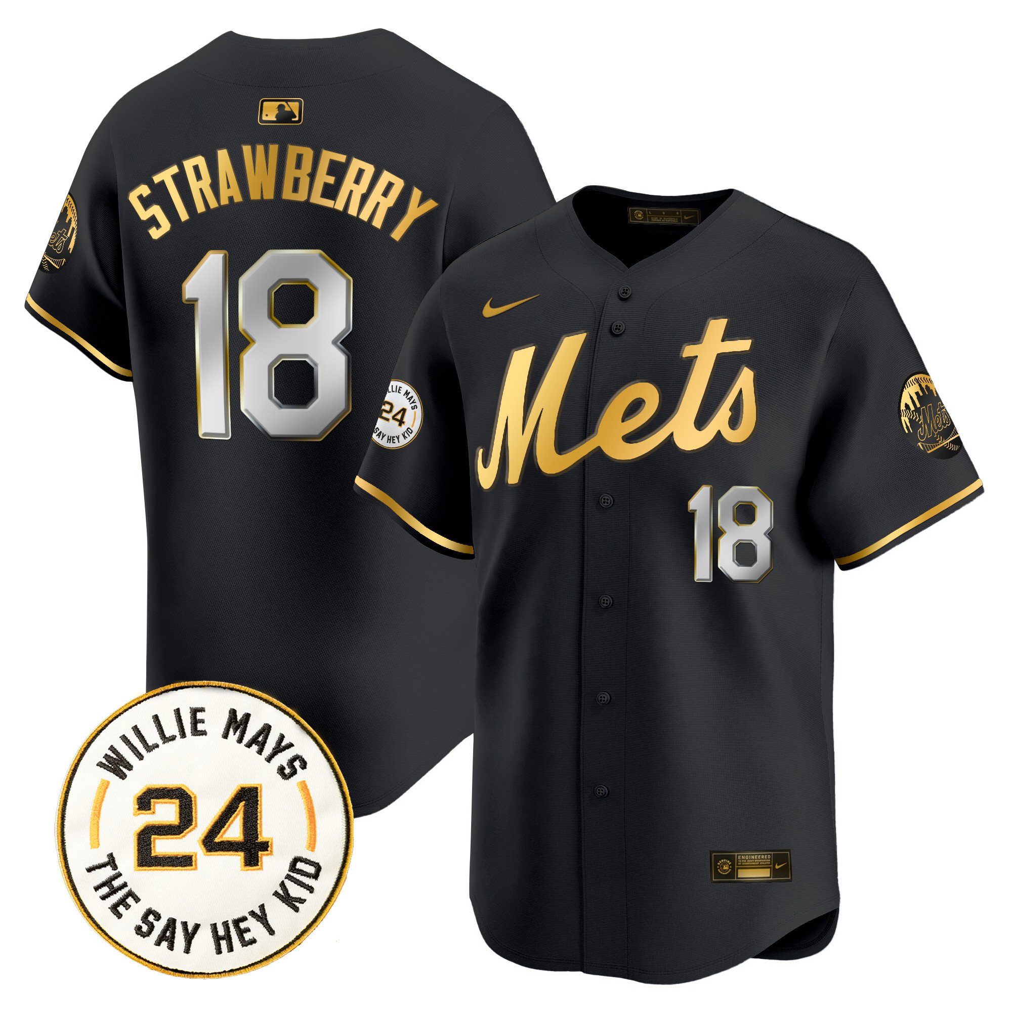 Men's Darryl Strawberry New York Mets Willie Mays Patch Vapor Premier Limited Black Gold Jersey - All Stitched