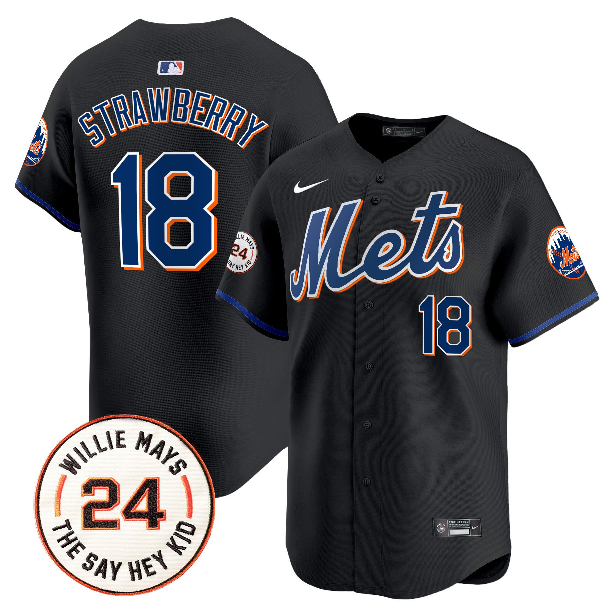 Men's Darryl Strawberry New York Mets Willie Mays Patch Vapor Premier Limited Black Jersey - All Stitched