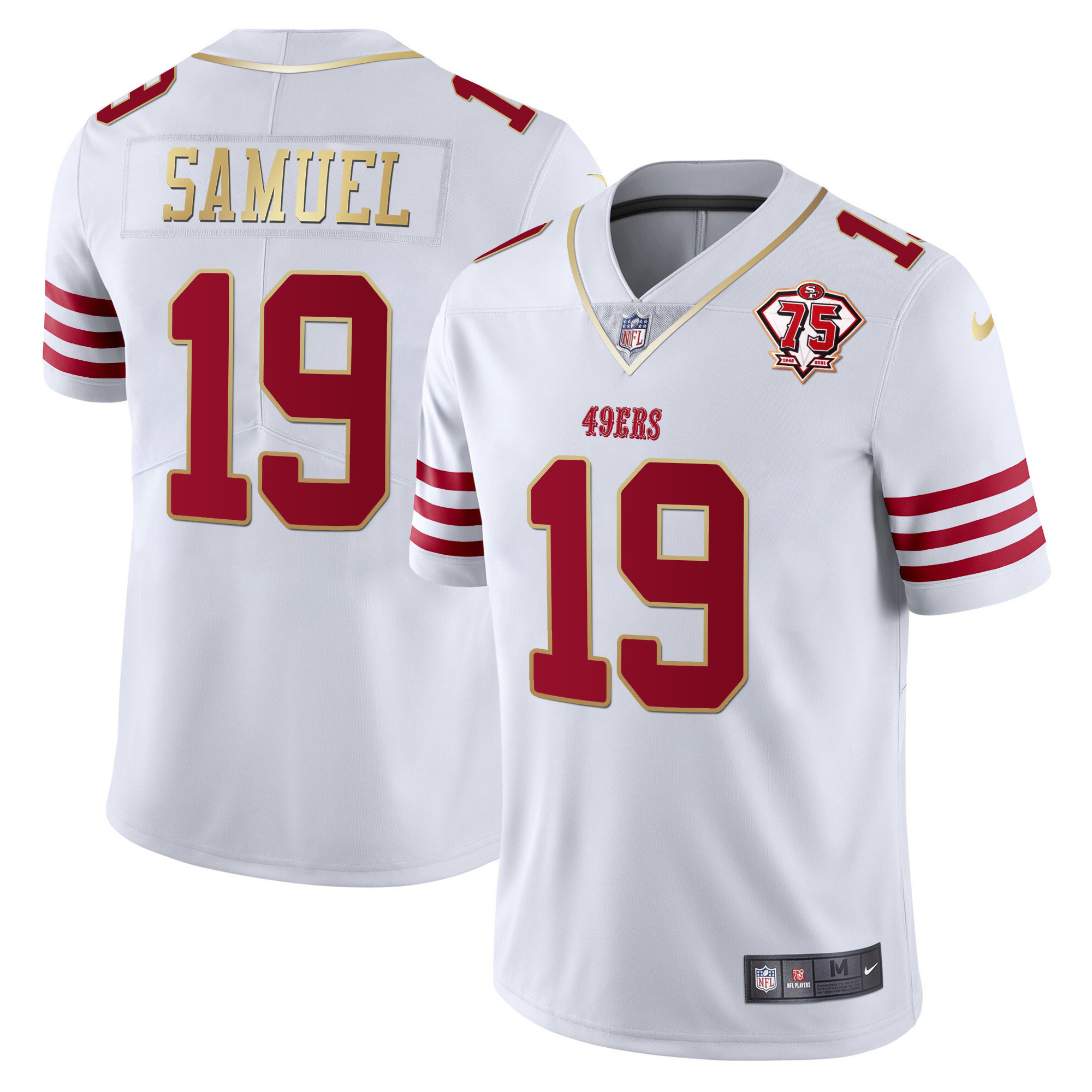 Men's Deebo Samuel San Francisco 49ers 75th Anniversary Patch Vapor Gold Trim White Gold Jersey - All Stitched