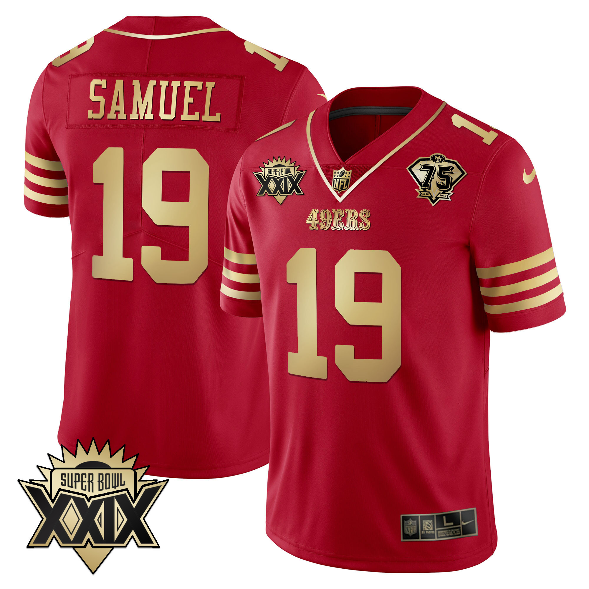 Men's Deebo Samuel San Francisco 49ers Super Bowl XXIX Patch Black Red Gold Red Gold Jersey - All Stitched