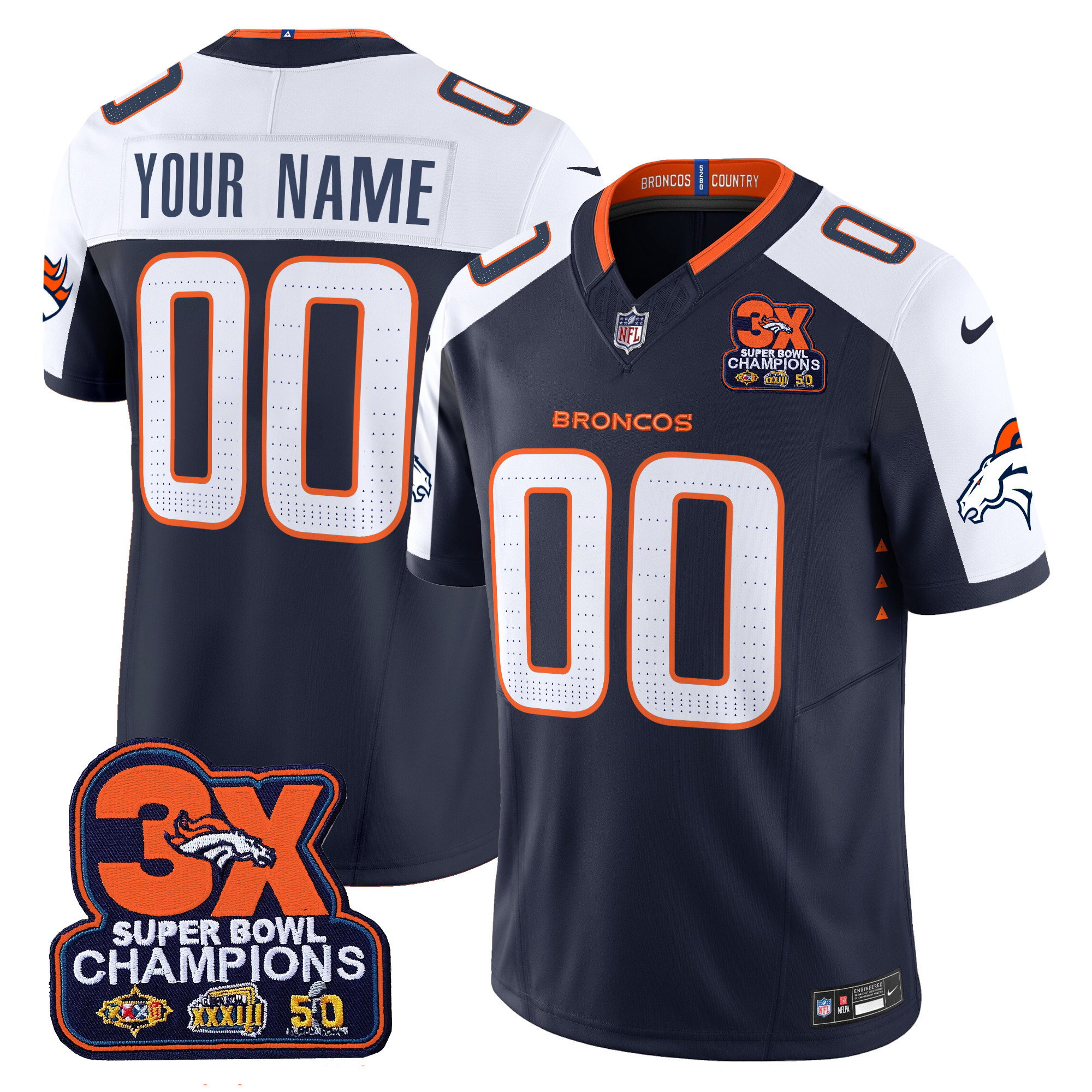 Men's Denver Broncos 3-Time Champions Patch Vapor Limited Custom Navy Alternate Jersey - All Stitched