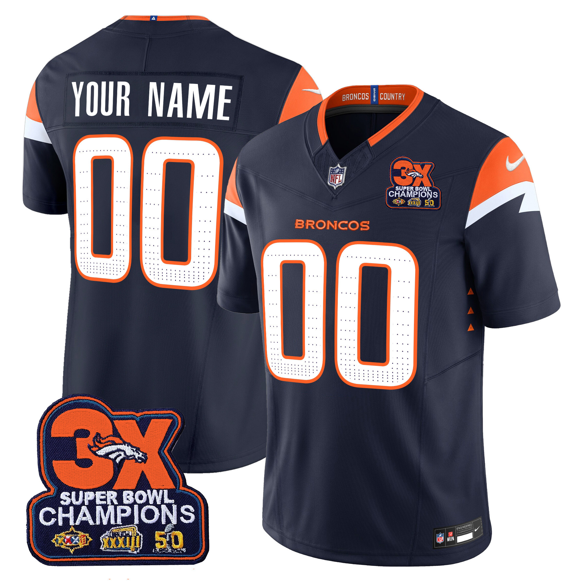 Men's Denver Broncos 3-Time Champions Patch Vapor Limited Custom Navy Jersey - All Stitched