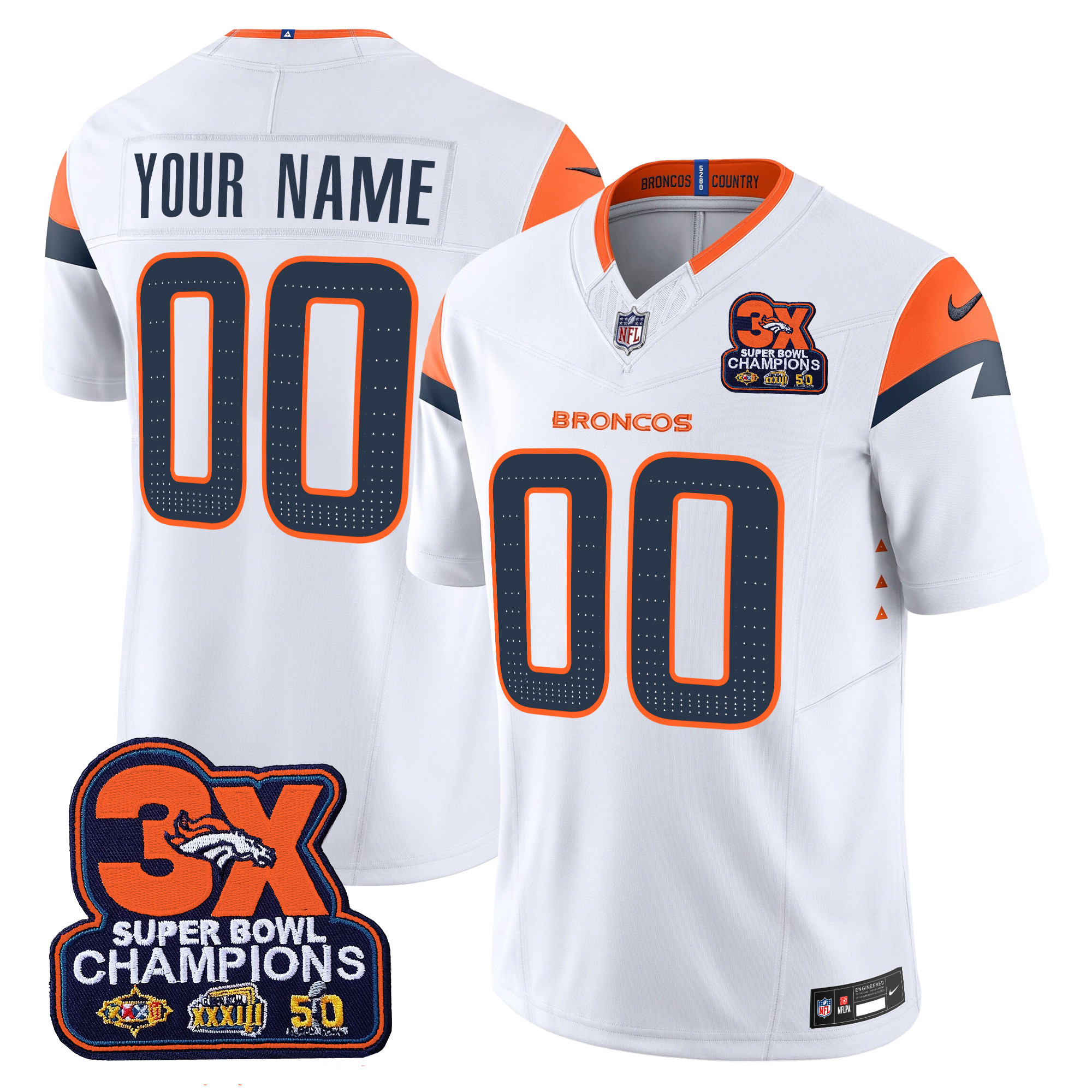 Men's Denver Broncos 3-Time Champions Patch Vapor Limited Custom White Jersey - All Stitched