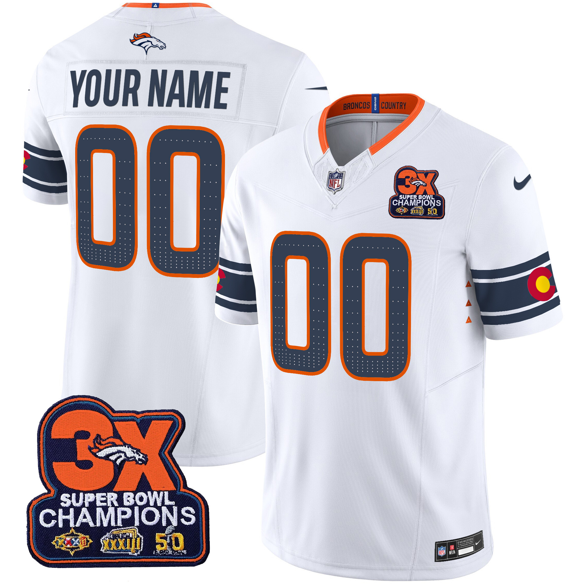 Men's Denver Broncos 3x Patch "Colorado Flag" Vapor Limited Custom White Jersey - All Stitched