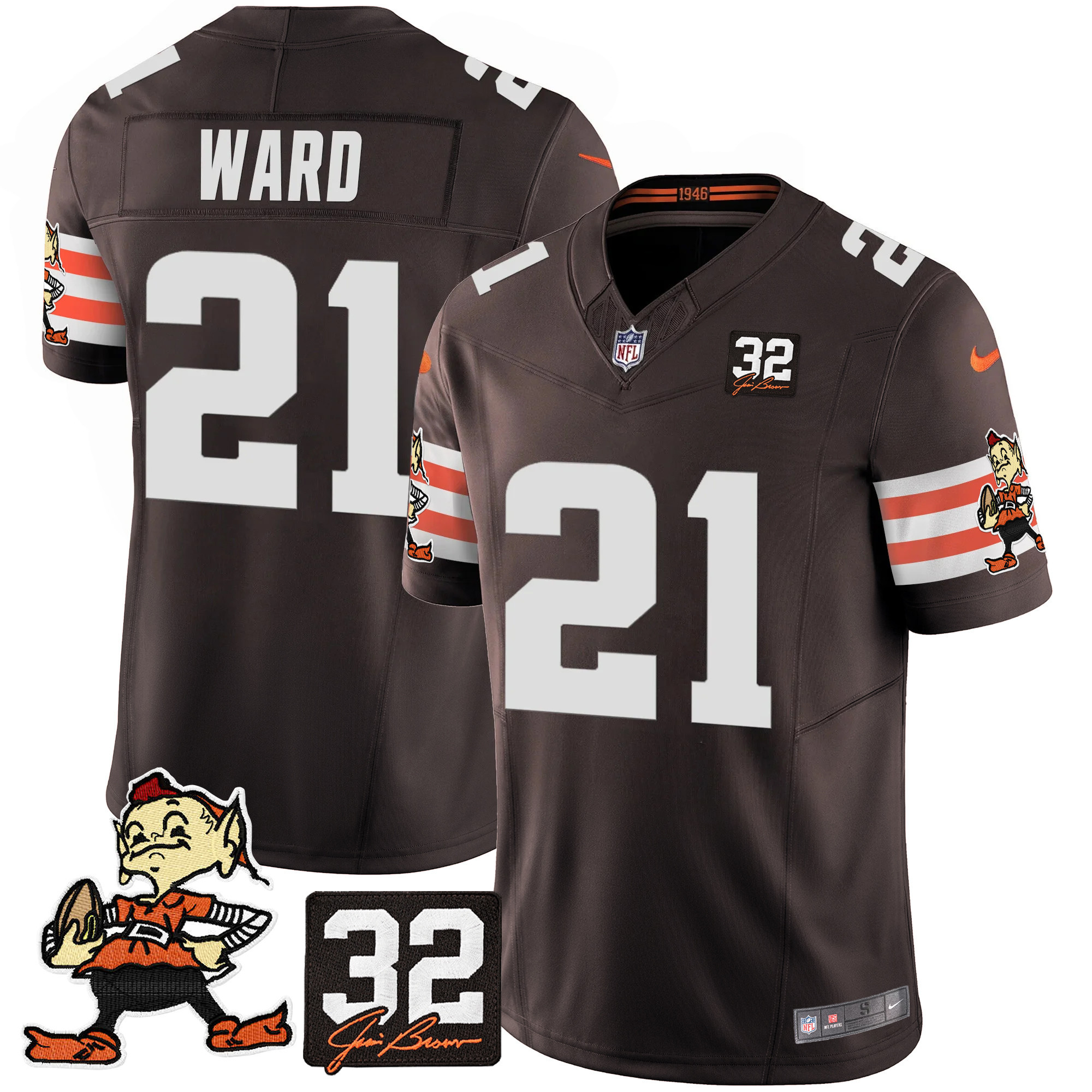 Men's Denzel Ward Cleveland Browns #32 Jim Brown Memorial Patch Vapor Limited Brown Jersey V2 - All Stitched