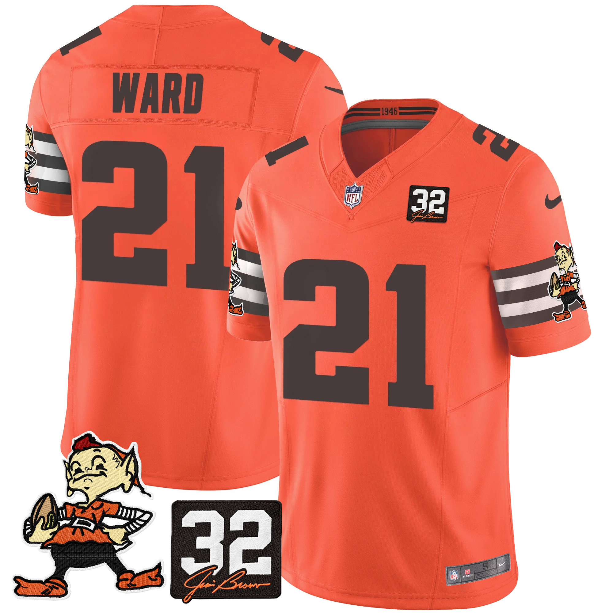 Men's Denzel Ward Cleveland Browns #32 Jim Brown Memorial Patch Vapor Limited Orange Jersey V2 - All Stitched