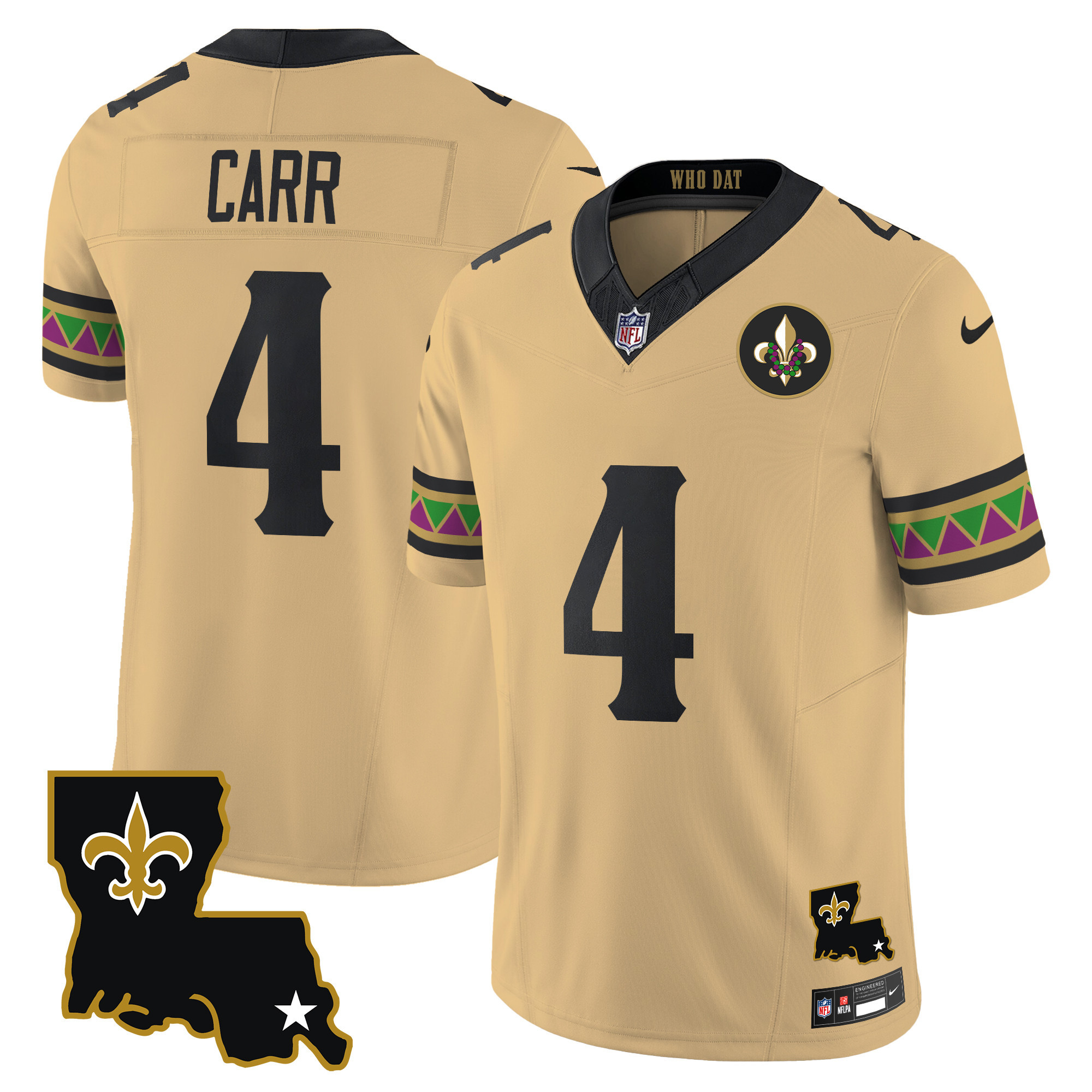 Men's Derek Carr New Orleans Saints Mardi Gras Vapor Limited Gold Jersey - All Stitched