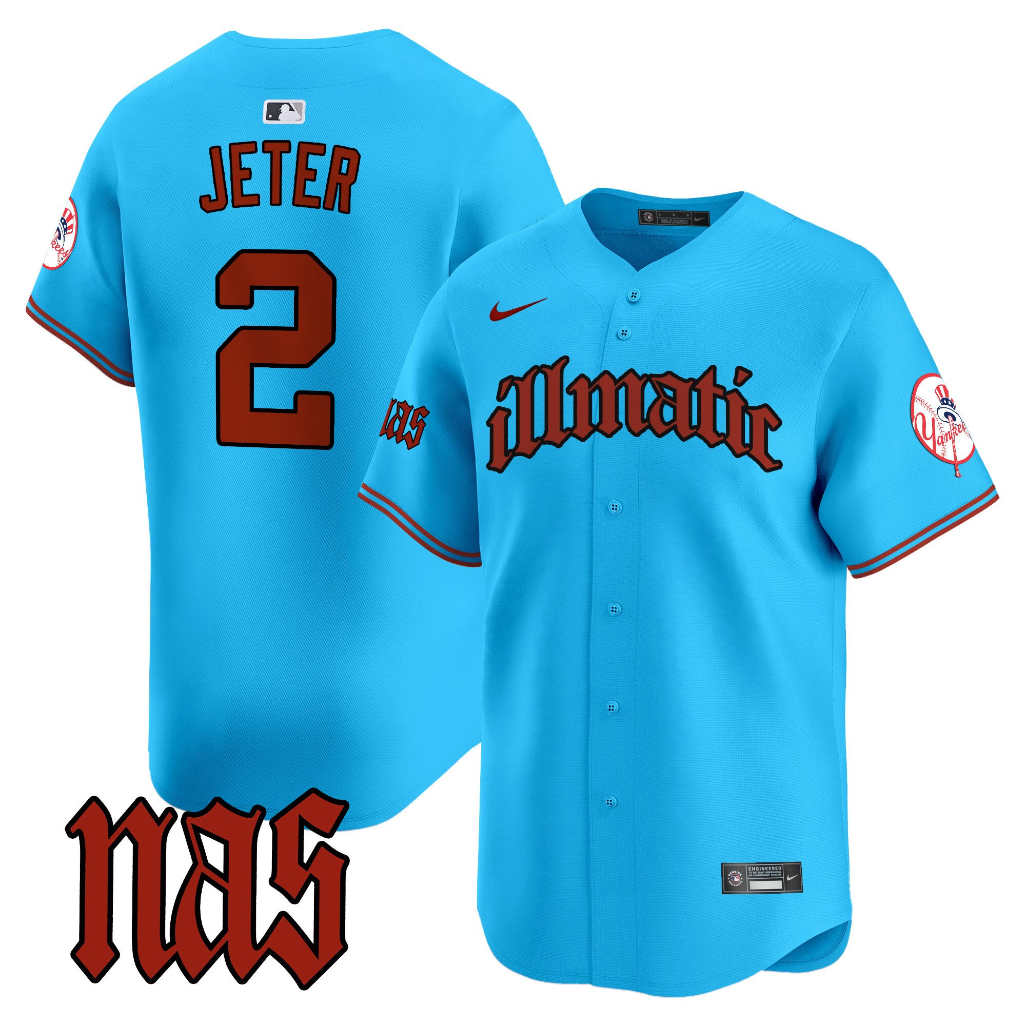Men's Derek Jeter New York Yankees Nas Illmatic Vapor Premier Limited Light Blue Jersey - All Stitched