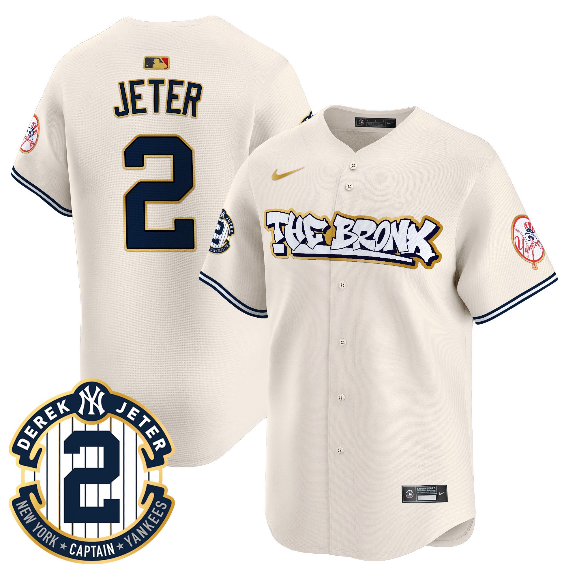 Men's Derek Jeter New York Yankees The Bronx Graffiti Gold Trim Vapor Premier Limited Cream Jersey - All Stitched