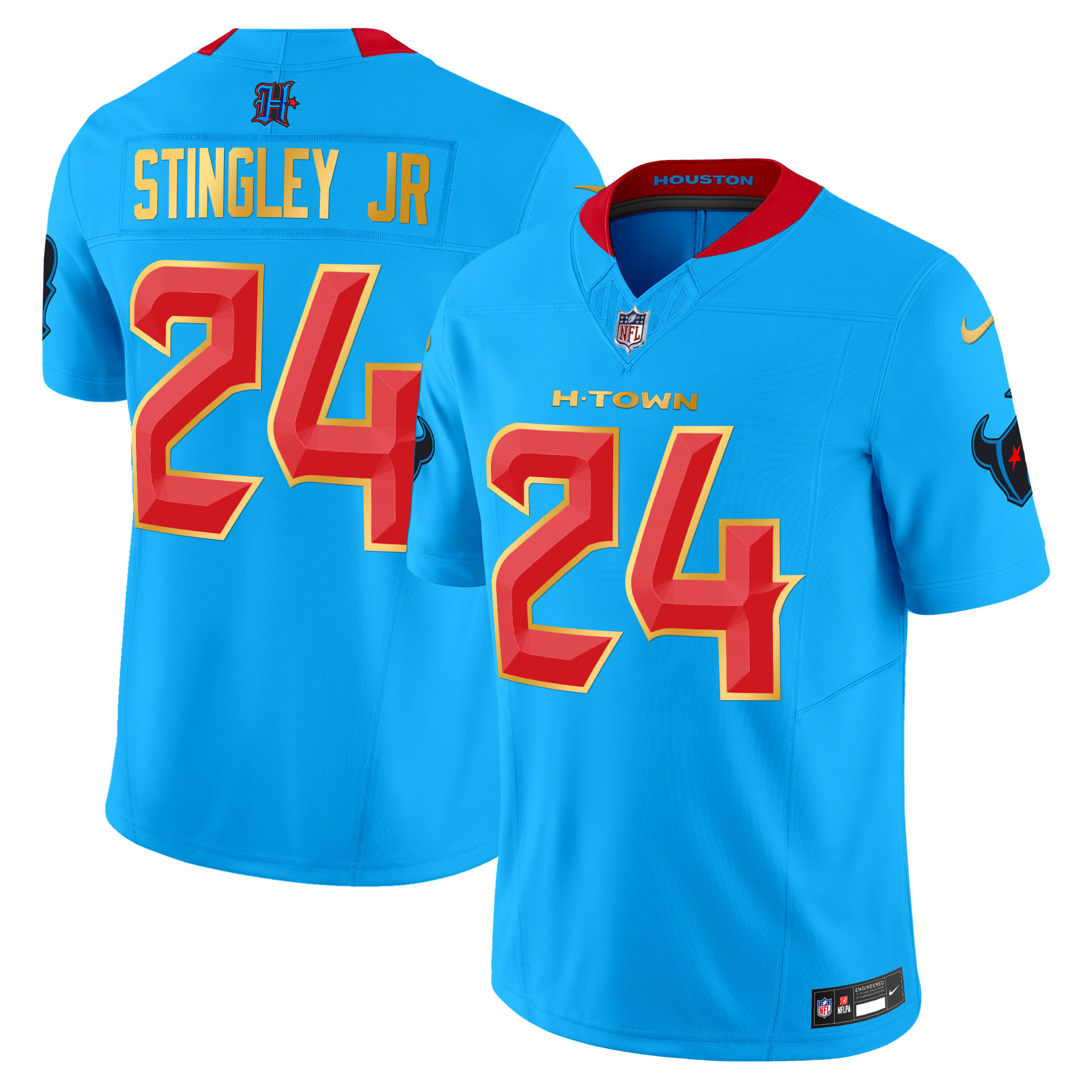 Men's Derek Stingley Jr. Houston Texans 2024 Gold Trim Vapor Limited Blue Jersey - All Stitched