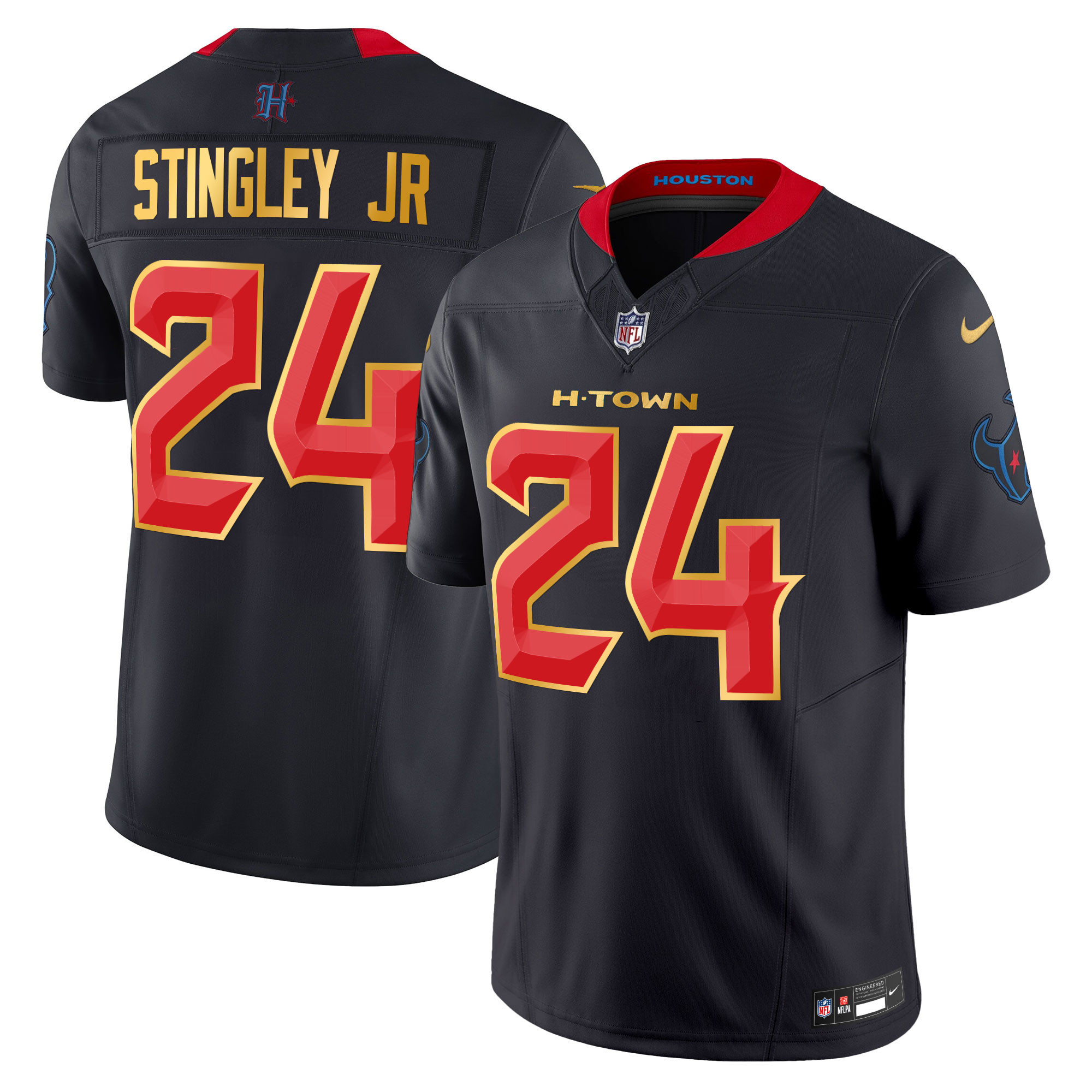 Men's Derek Stingley Jr. Houston Texans 2024 Gold Trim Vapor Limited Navy Limited Jersey - All Stitched