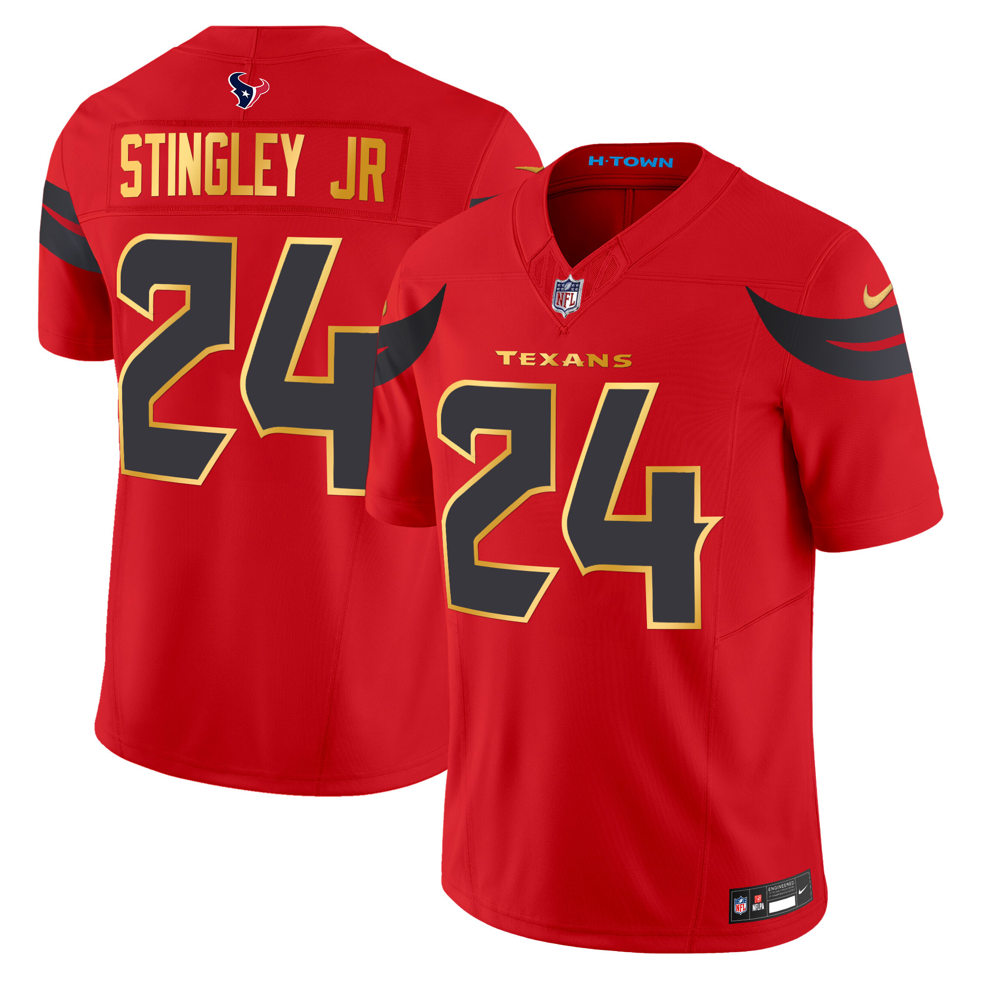 Men's Derek Stingley Jr. Houston Texans 2024 Gold Trim Vapor Limited Red Jersey - All Stitched