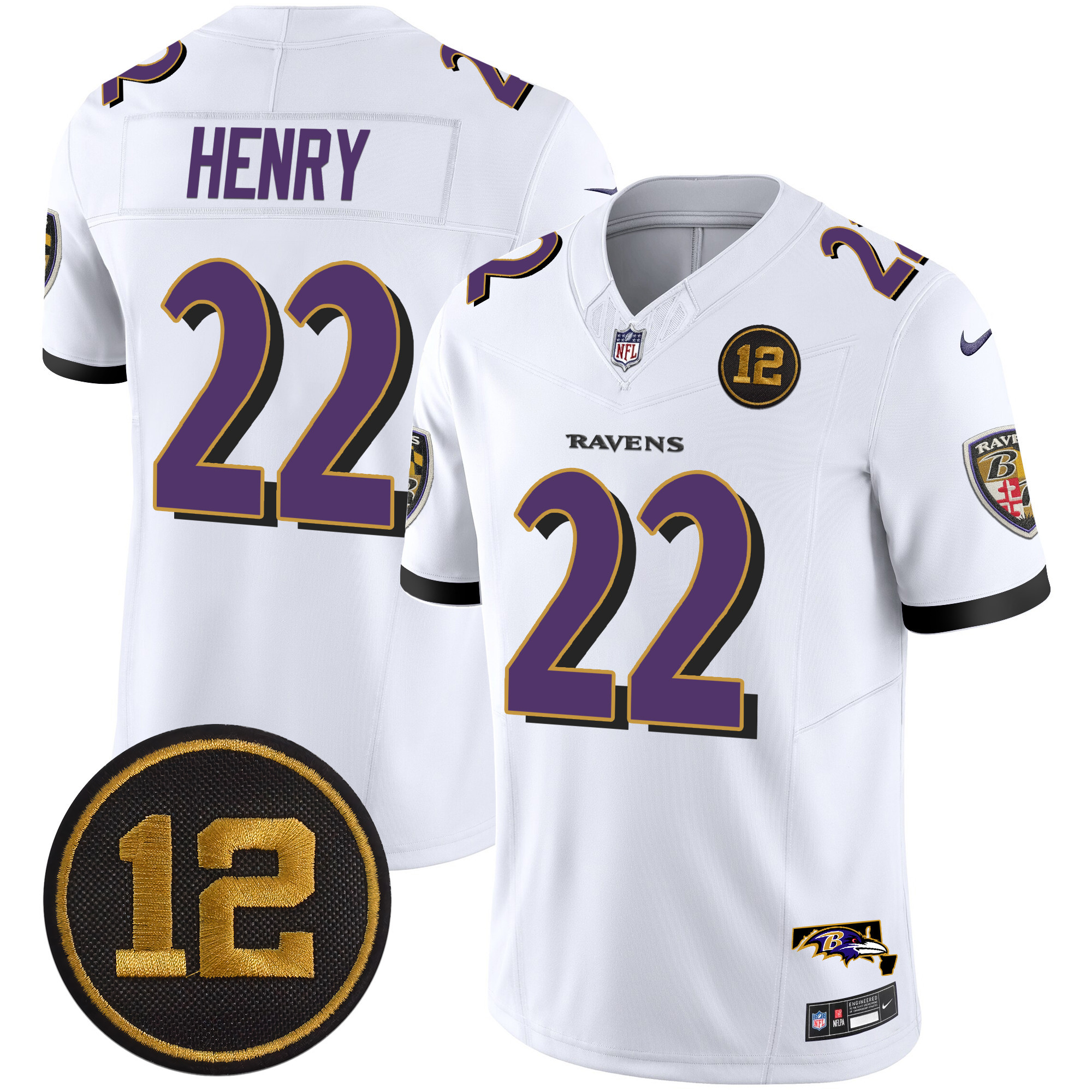 Men's Derrick Henry Baltimore Ravens Jacoby Jones Patch Vapor Limited White Jersey - All Stitched