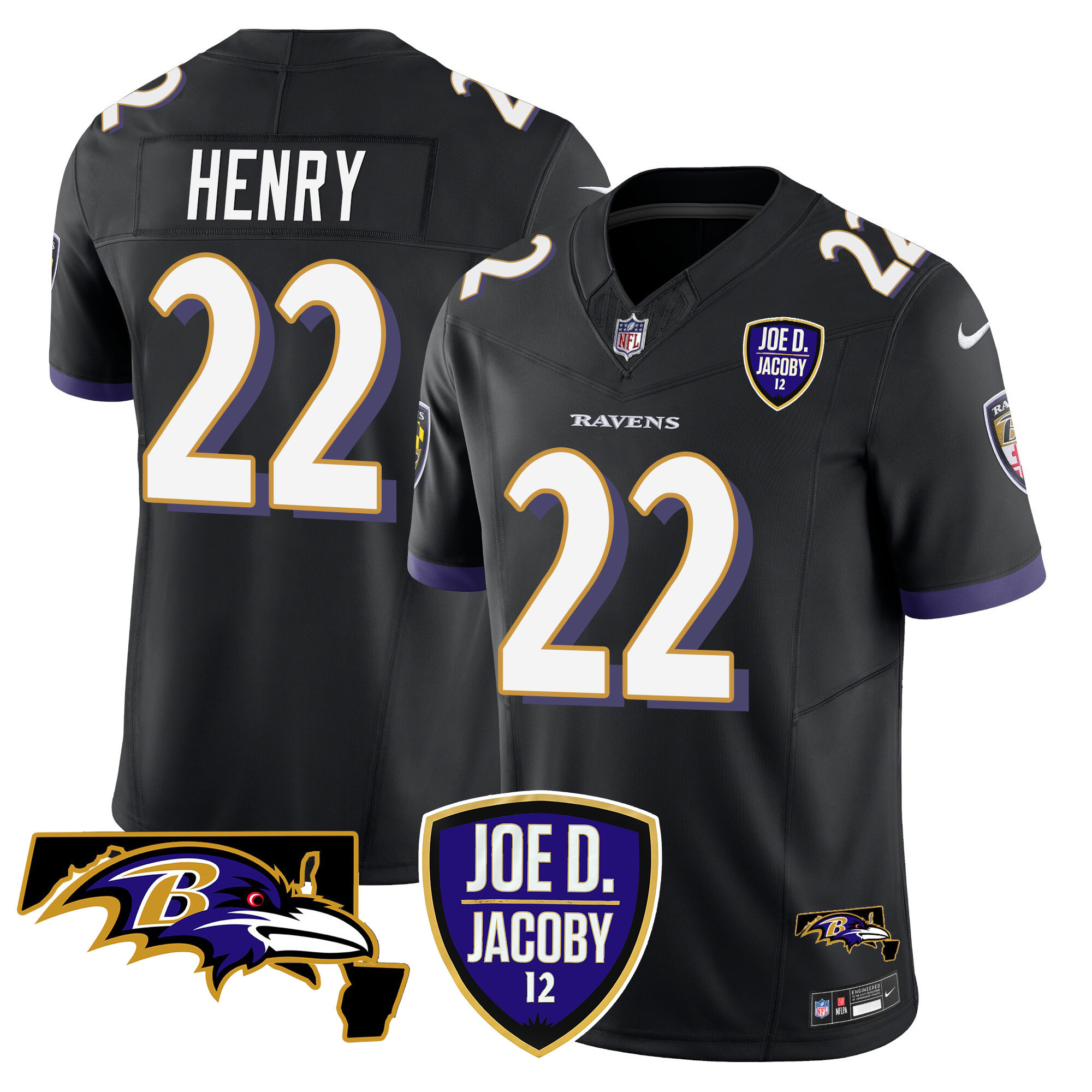 Men's Derrick Henry Baltimore Ravens Joe D & Jacoby Patch Vapor Limited Black Jersey - All Stitched